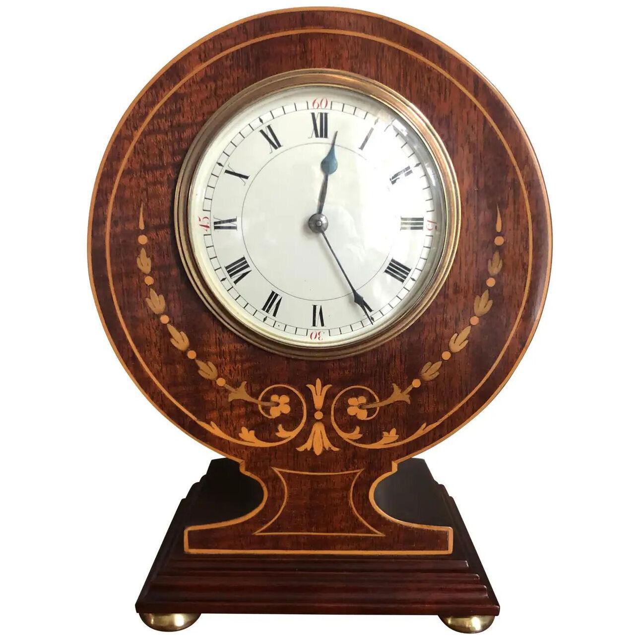 Fine Antique Edwardian Inlaid Mahogany Desk Clock