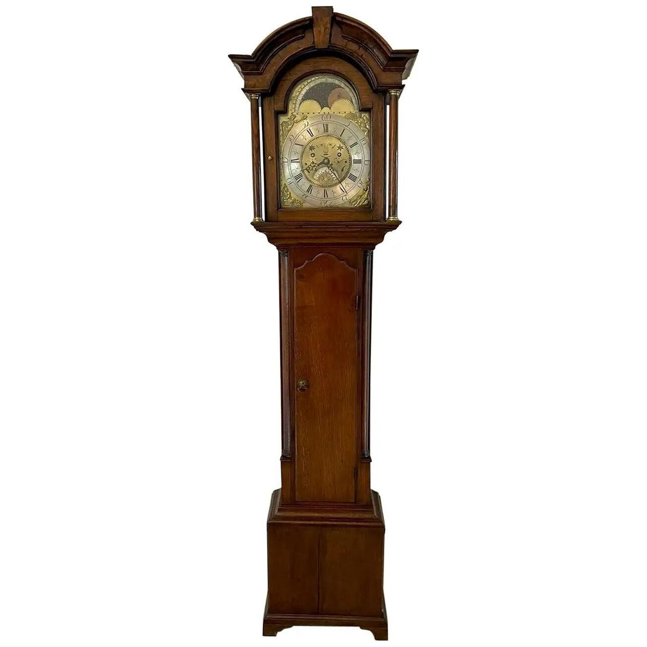 Antique George III Quality Brass Face Oak Longcase Clock by William Lister