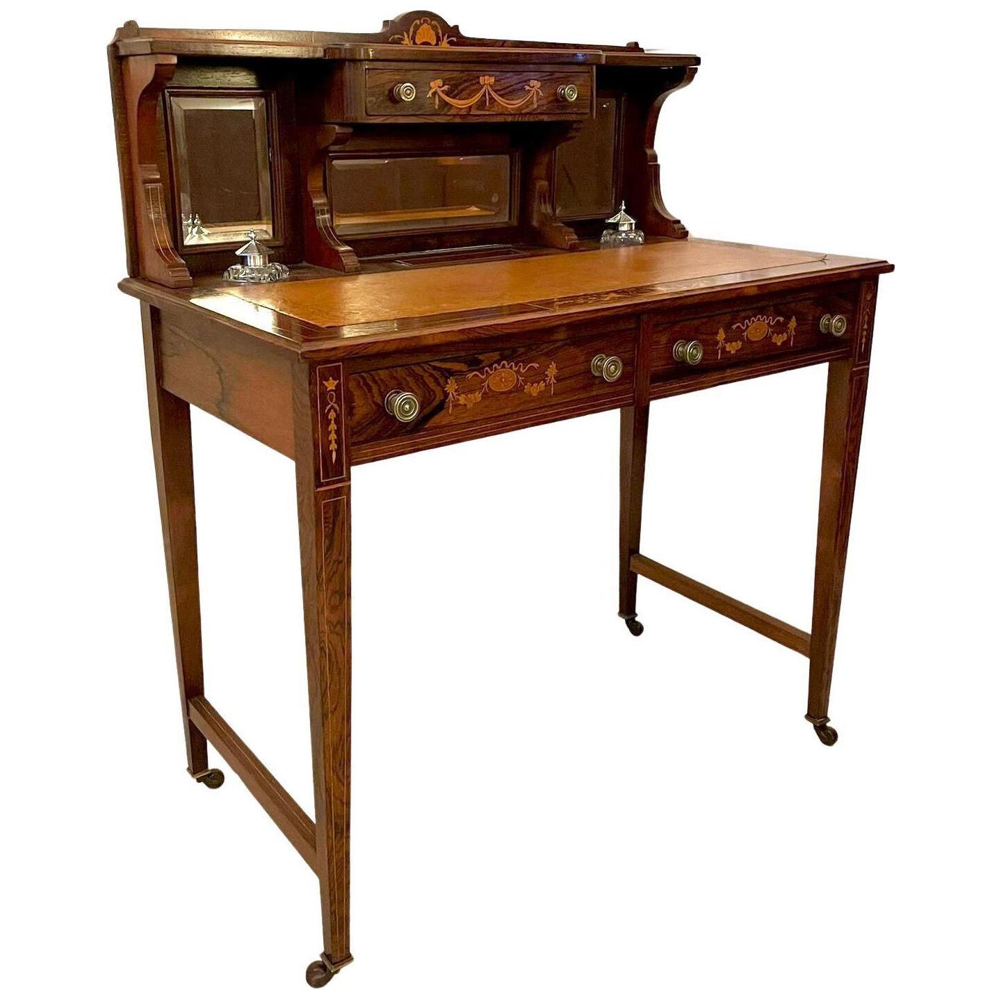 Antique Edwardian Quality Rosewood Marquetry Inlaid Writing Desk