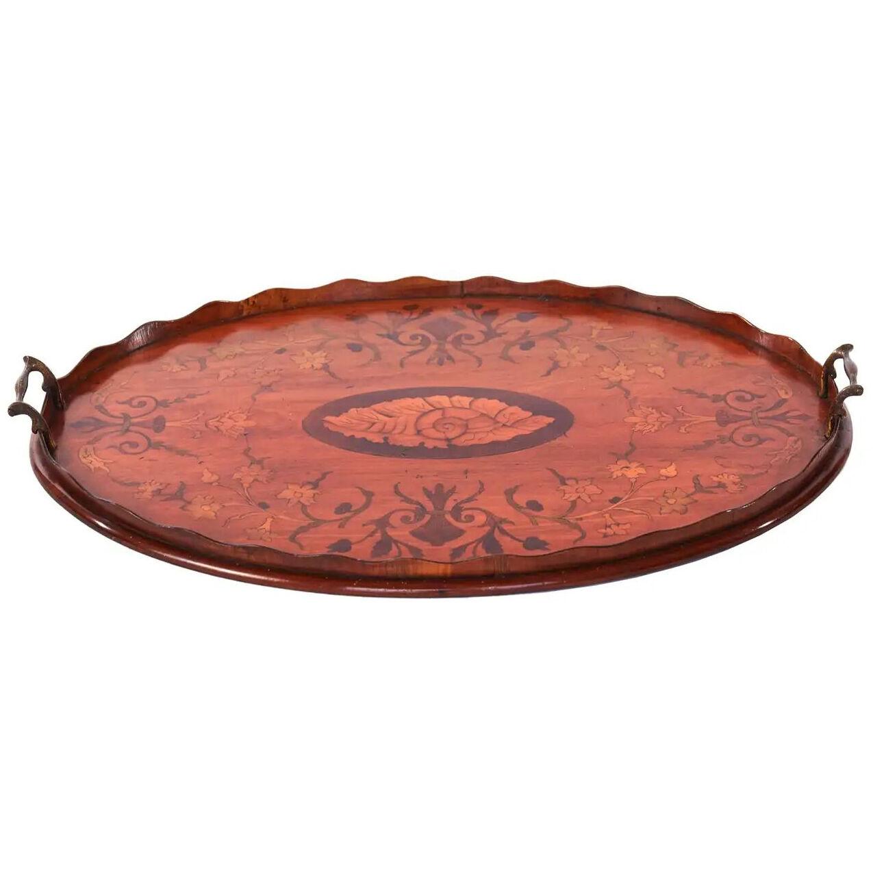Antique Sheraton Revival Oval Satinwood Inlaid Serving Tray