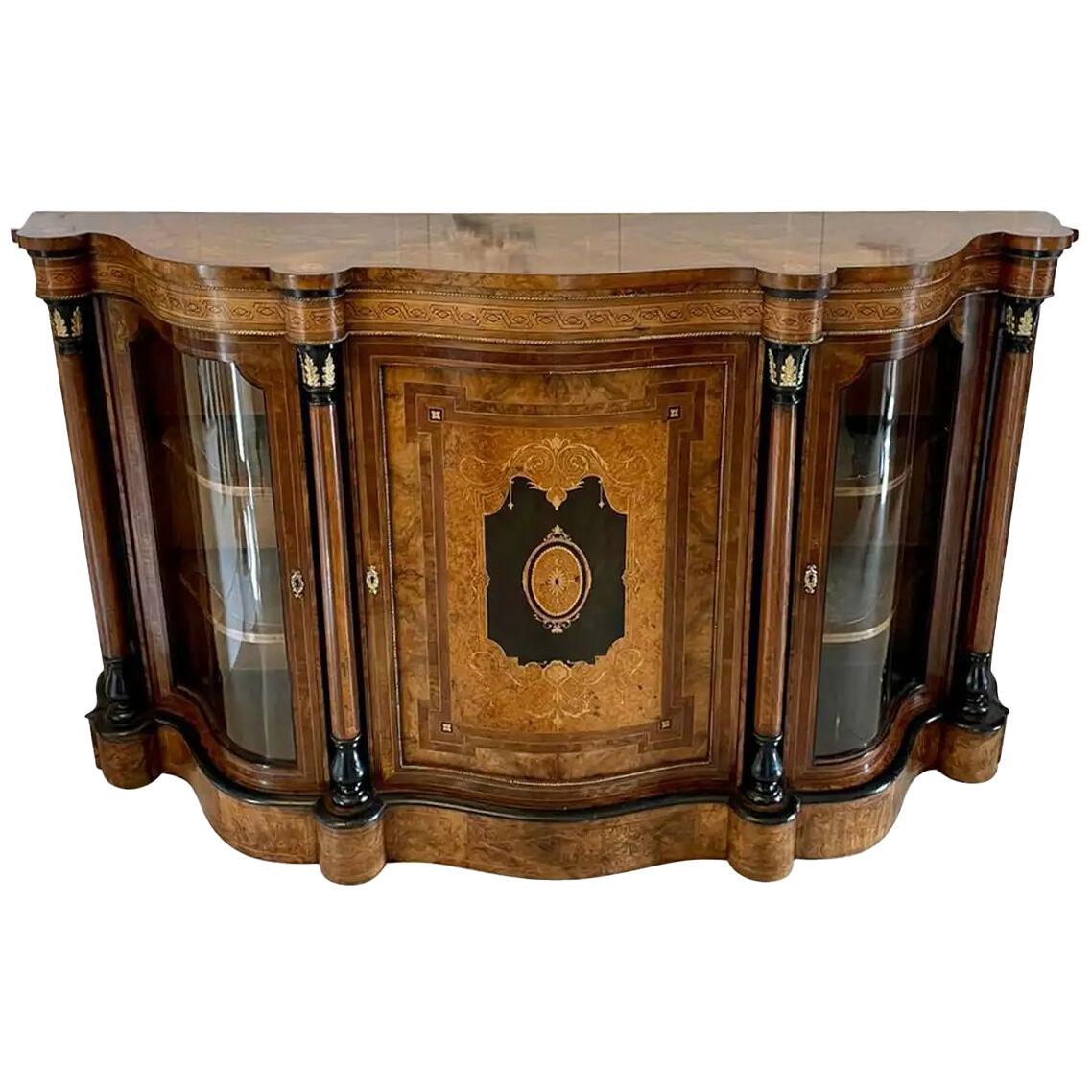 Outstanding Antique Burr Walnut Marquetry Inlaid Serpentine Shaped Credenza