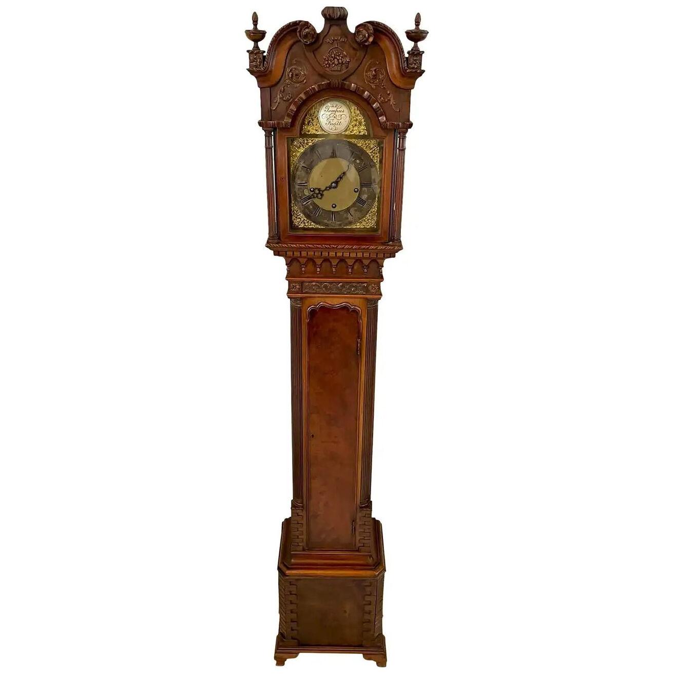 Outstanding Quality Antique Chippendale Style Carved Mahogany Grandmother Clock