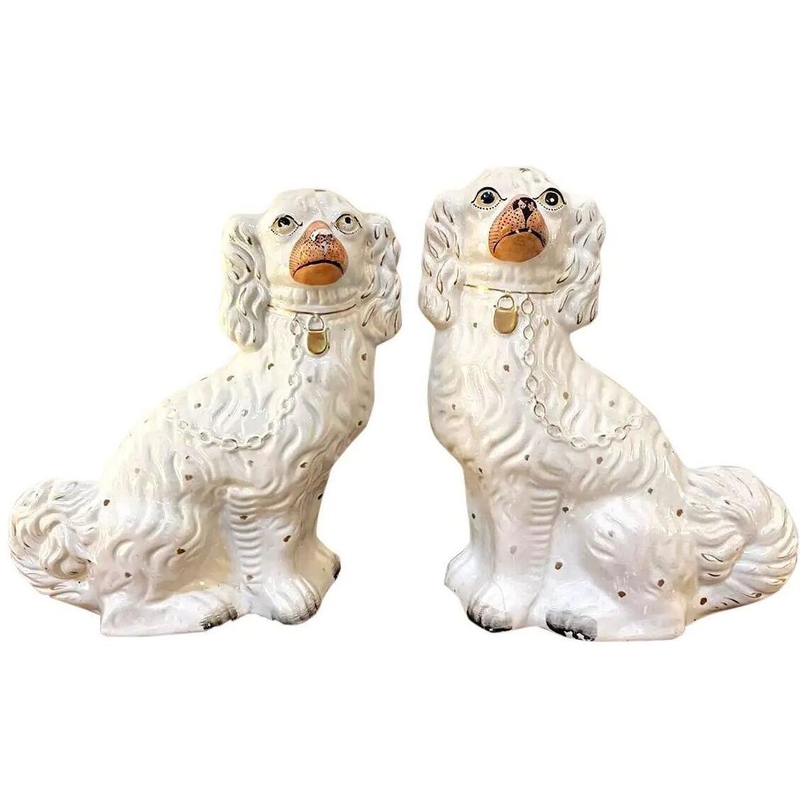 Pair of Antique Victorian White and Gold Staffordshire Dogs