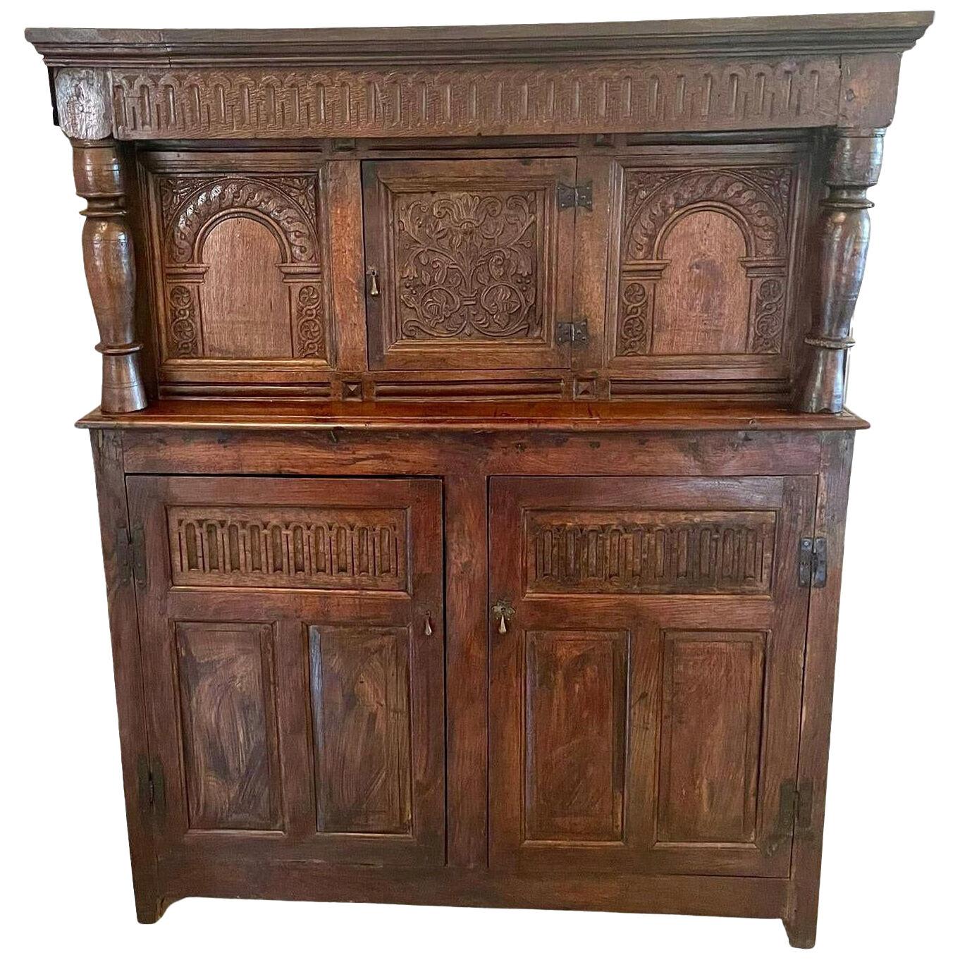 Antique 17th Century Antique Carved Oak Court Cupboard
