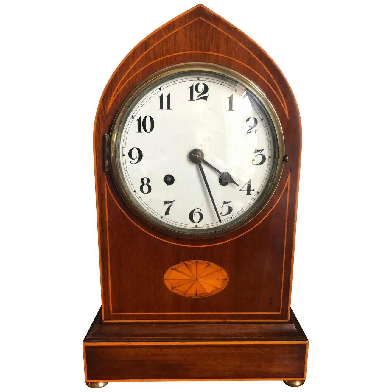 Antique Edwardian Mahogany Lancet Top Mantel Clock