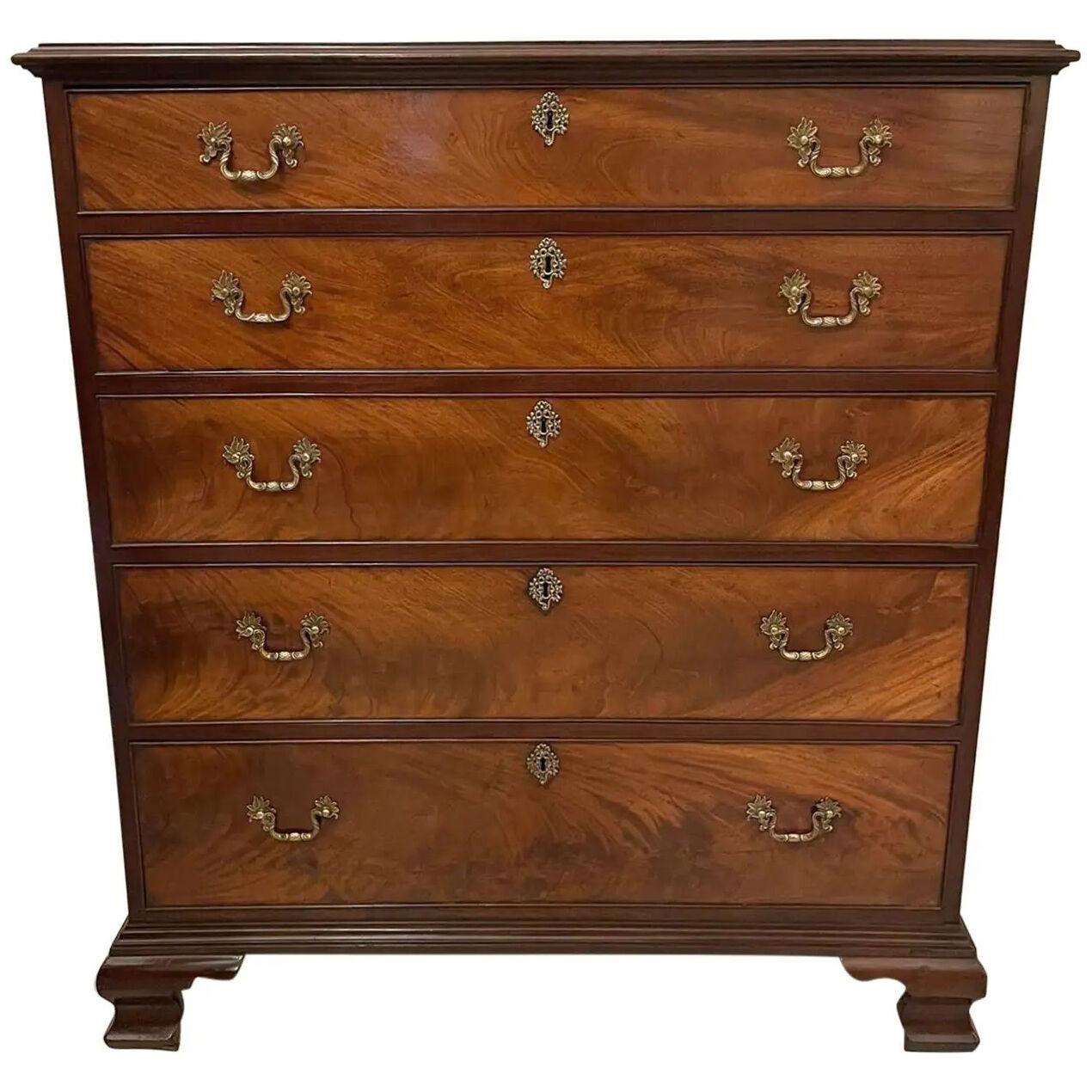 Outstanding Antique George III Figured Mahogany Tall Chest of Five Drawers