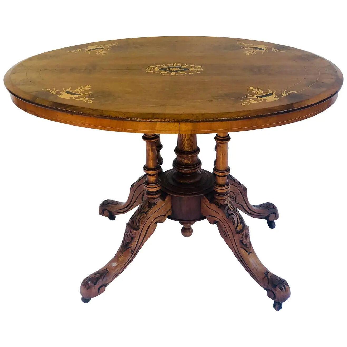19th Century Victorian Antique Walnut Inlaid Oval Centre Table