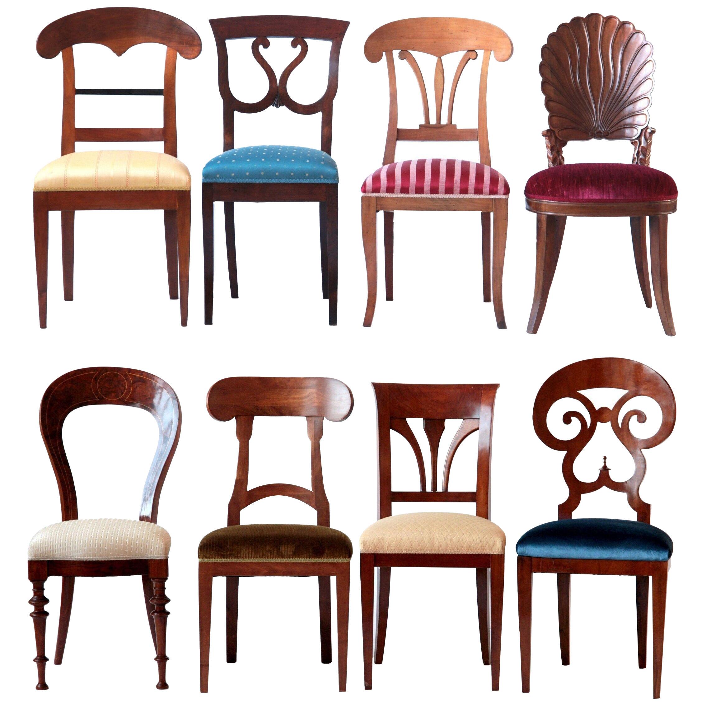 Biedermeier Eclectic Set, Unique Set of 8 Dining Chairs Each in Different Design