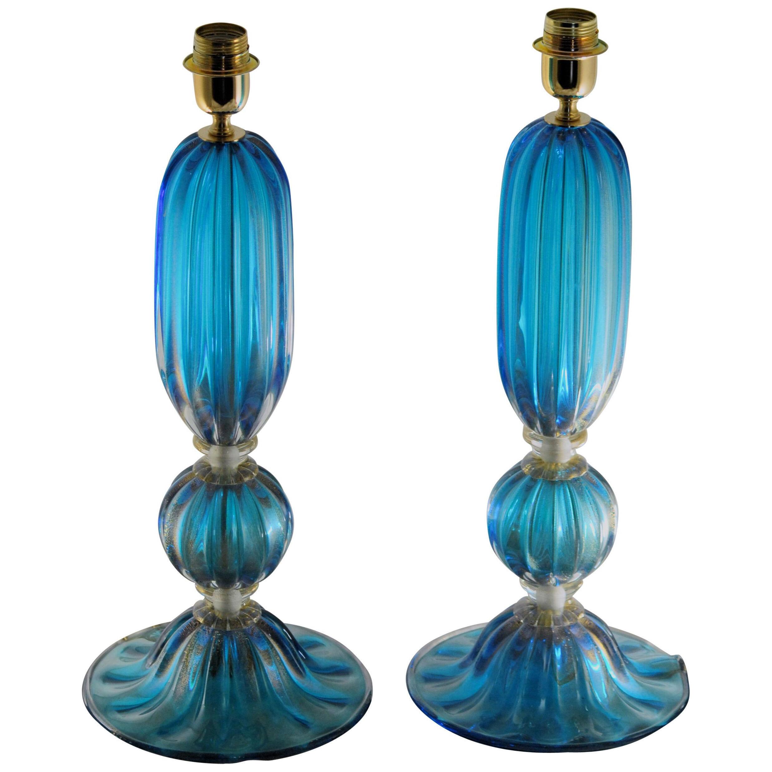 Alberto Donà Pair of Aquamarine Table Lamps, with Gold Leaf