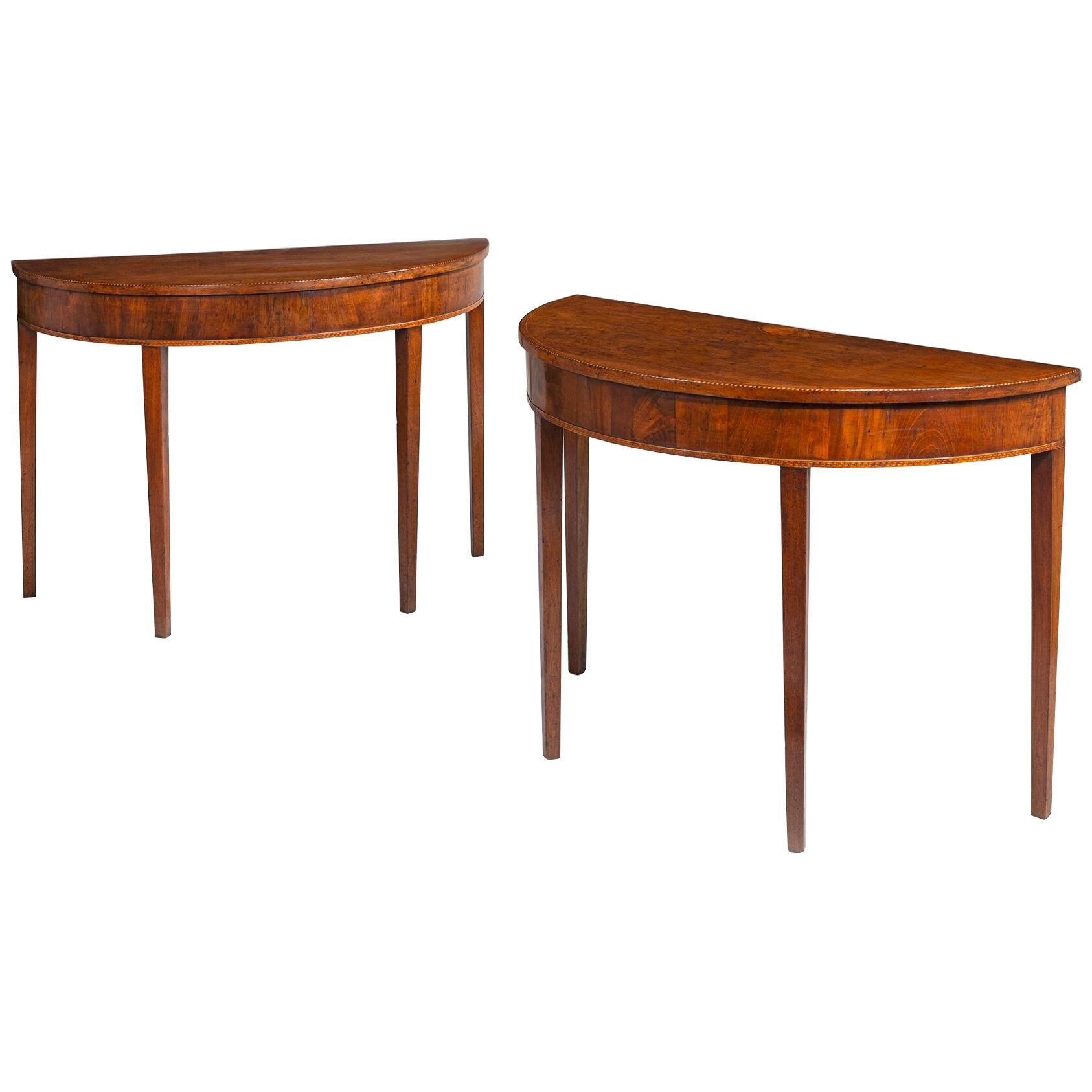 Pair of Sheraton mahogany demilune console tables