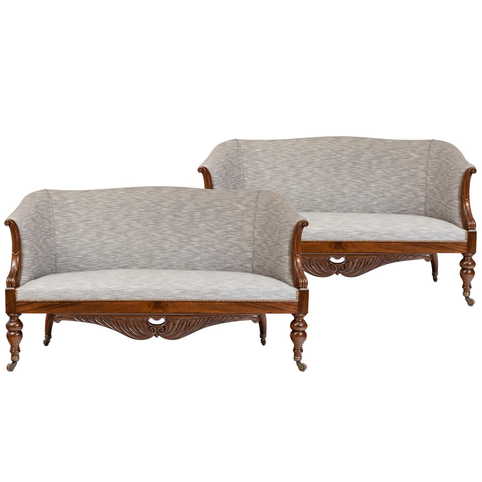 Pair Of Charles X Sofas With Carved Mahogany Showwood Frames