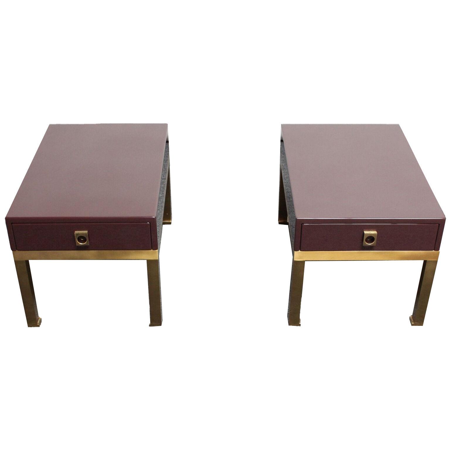 Pair of French Moderne Lacquered Mahogany and Brass Low Nightstands by Guy Lefè