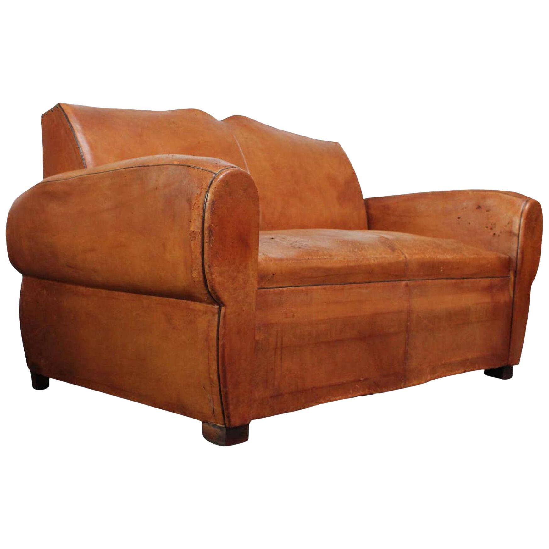 French Deco Leather "Mustache" Loveseat / Settee