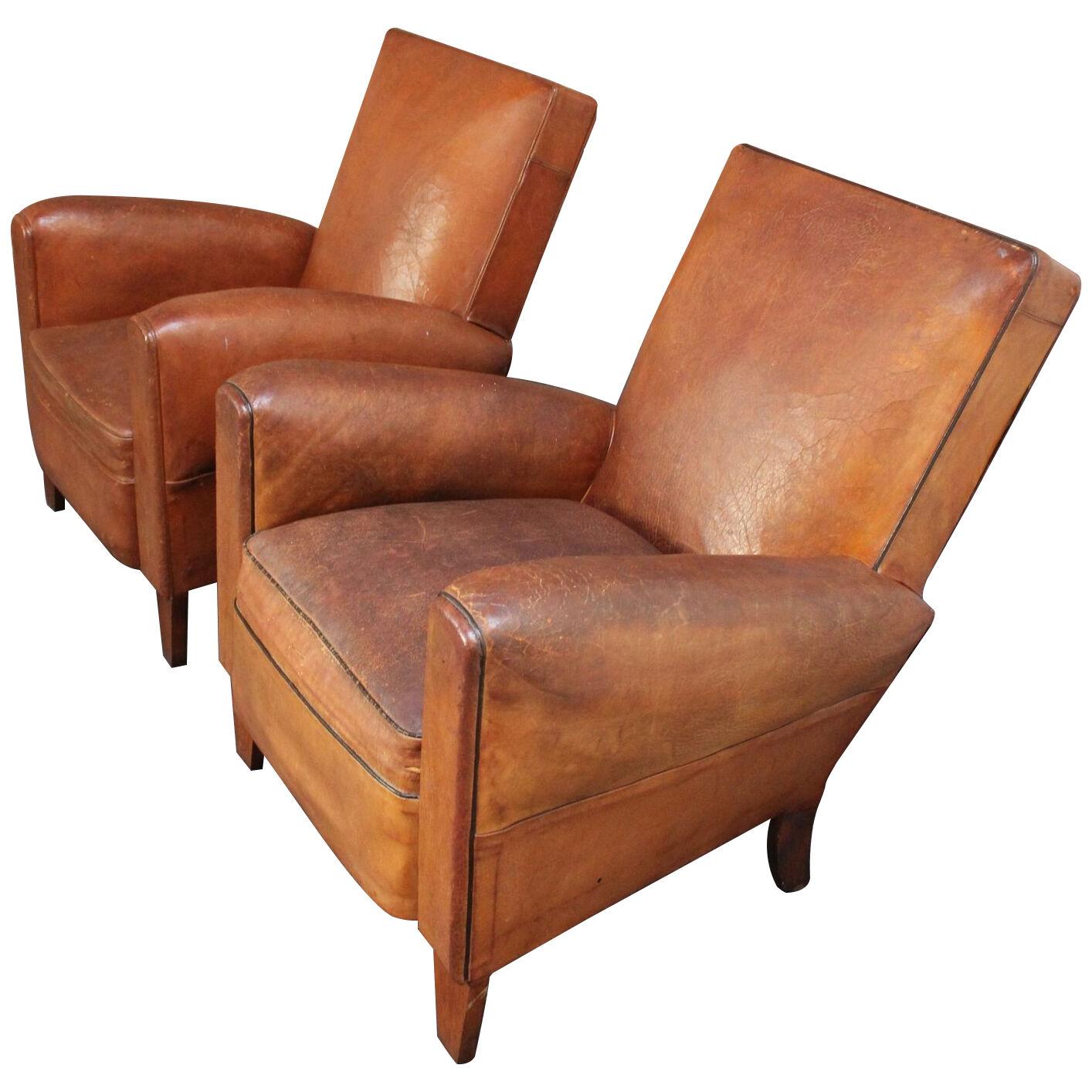 Pair of French Deco Leather Squared-Back Club Chairs