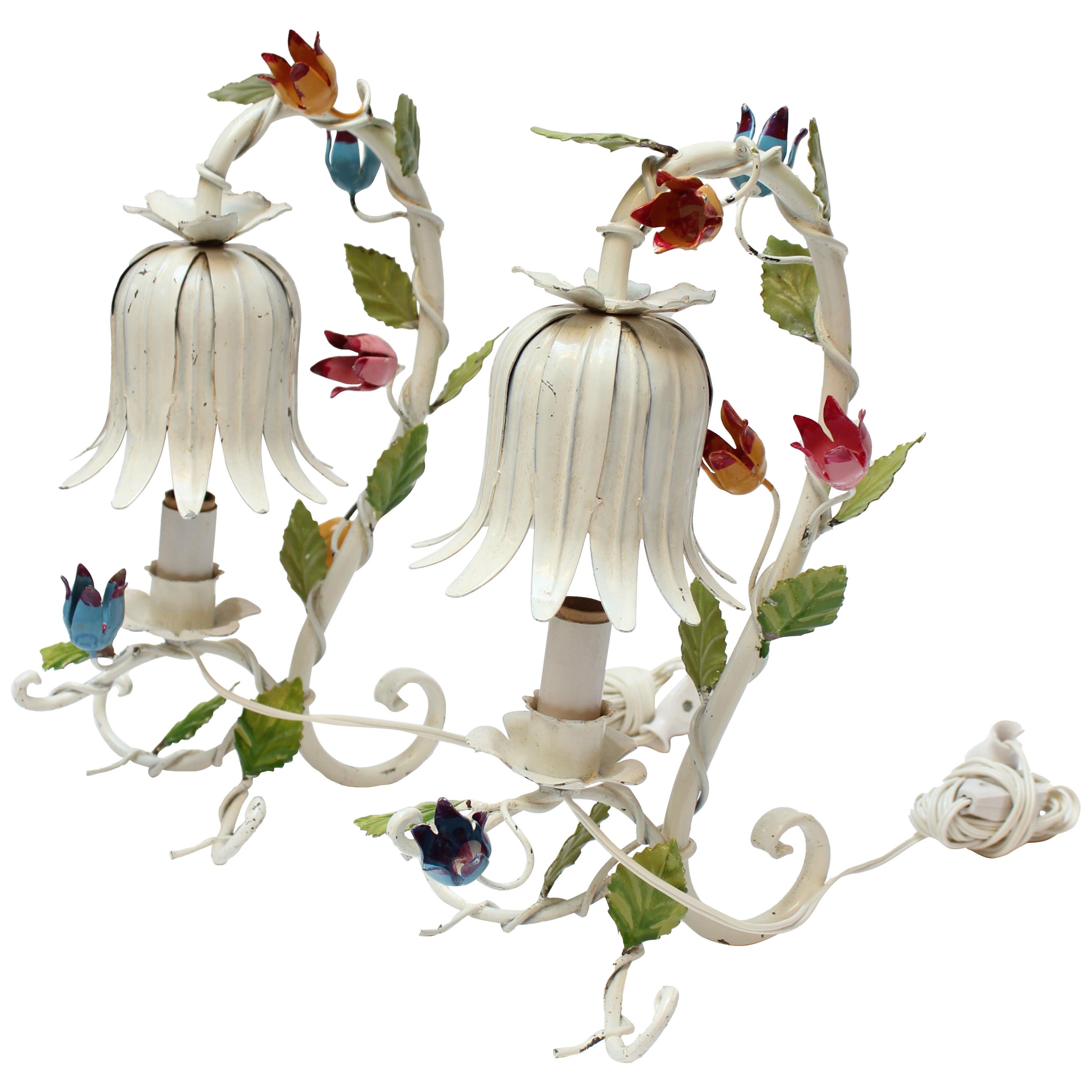 Pair of Vintage Italian Tole Flower Table Lamps