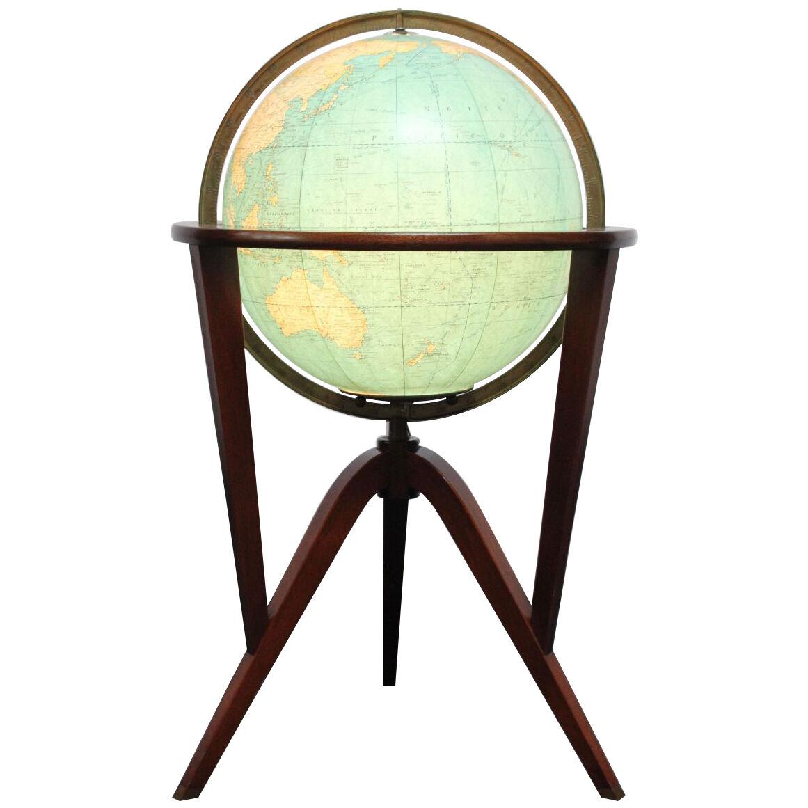 Illuminated Glass World Globe on Mahogany Stand by Edward Wormley for Dunbar