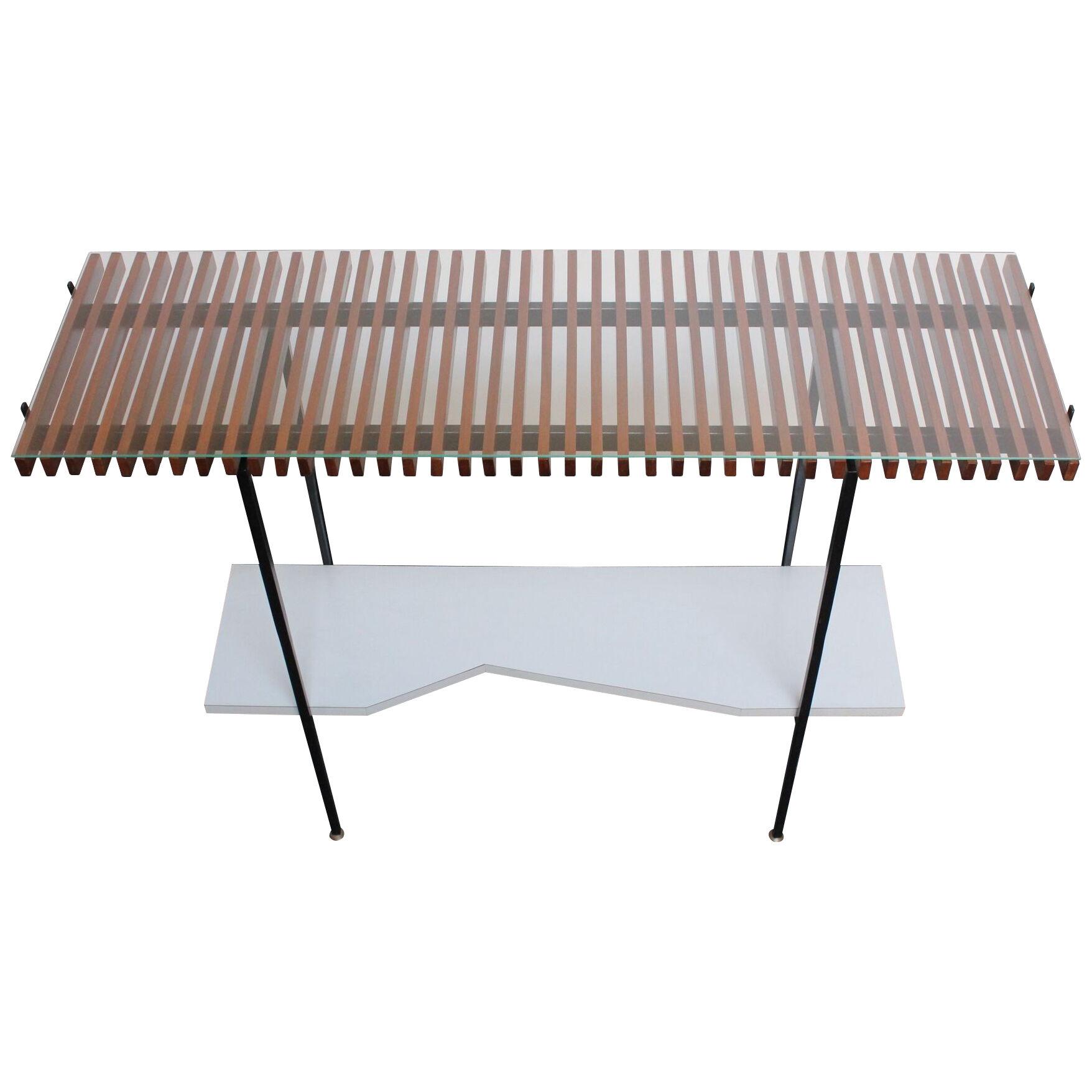 Italian Modernist Glass Top Console Table in Lacquered Steel and Walnut