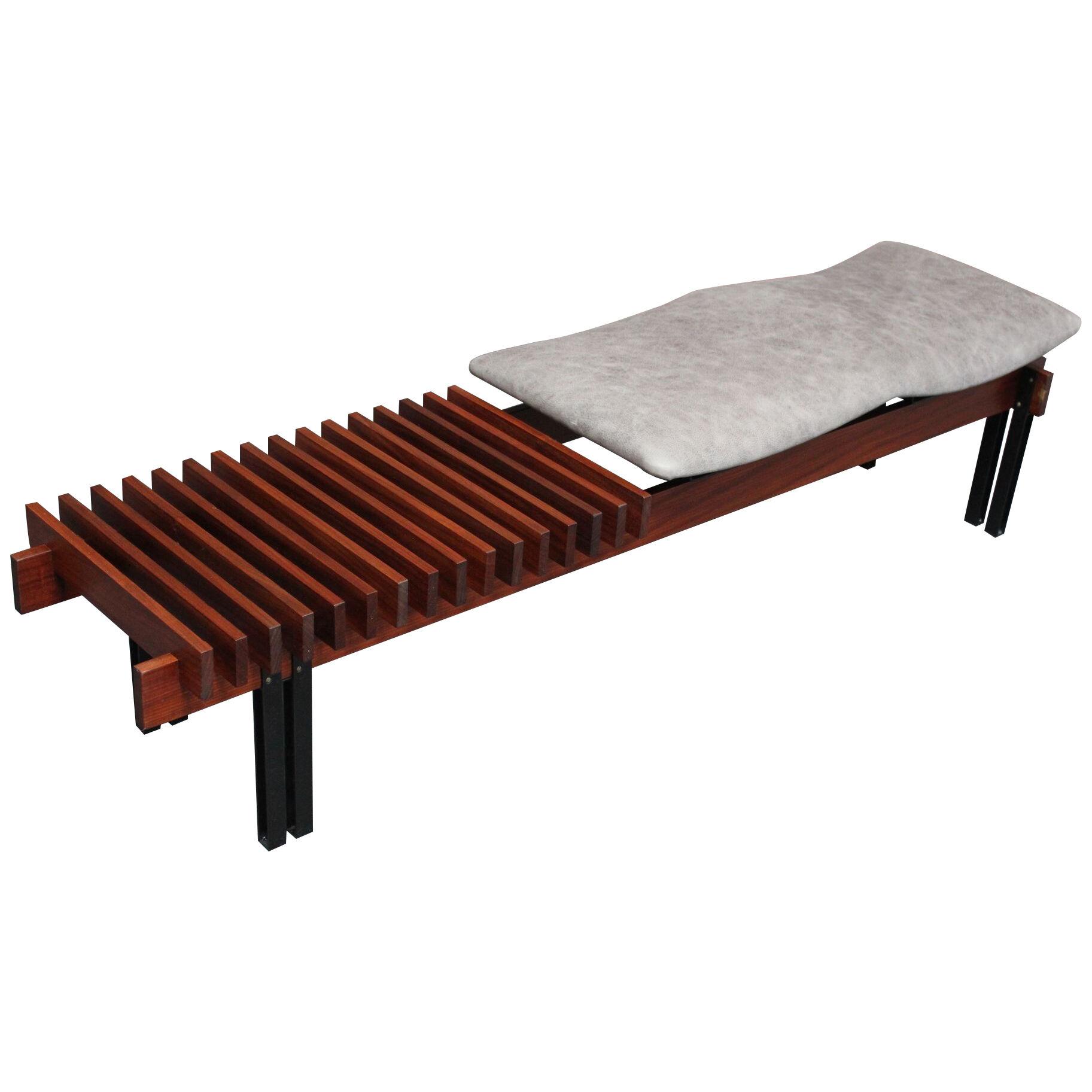 Italian Modernist Teak and Leather Bench by Inge and Luciano Rubino