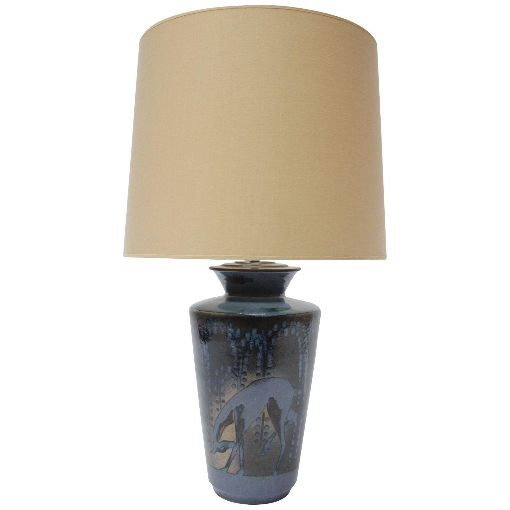 French Deco Ceramic Blue Glaze"Deer in Landscape" Lamp by Atelier Primavera