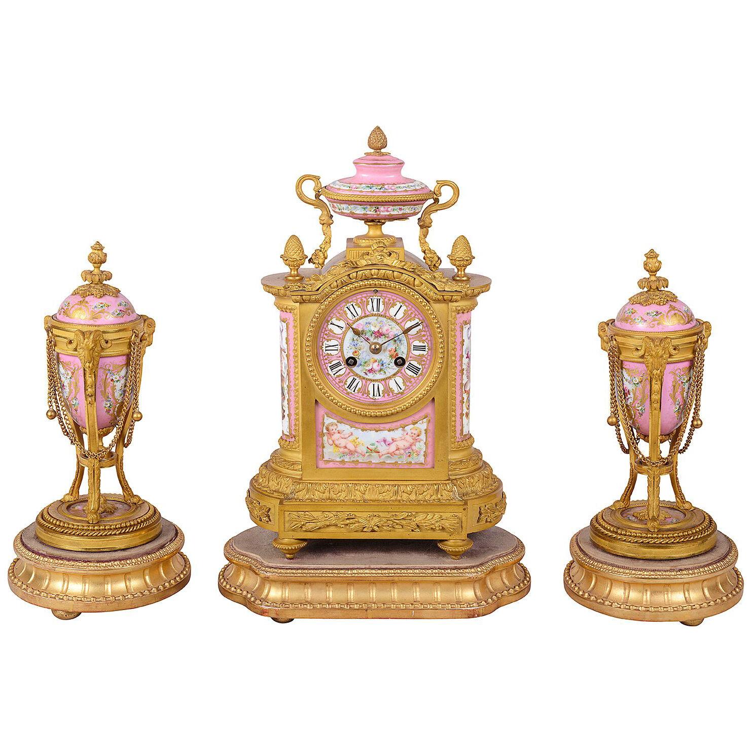 French 19th Century Sevres Style Clock Set