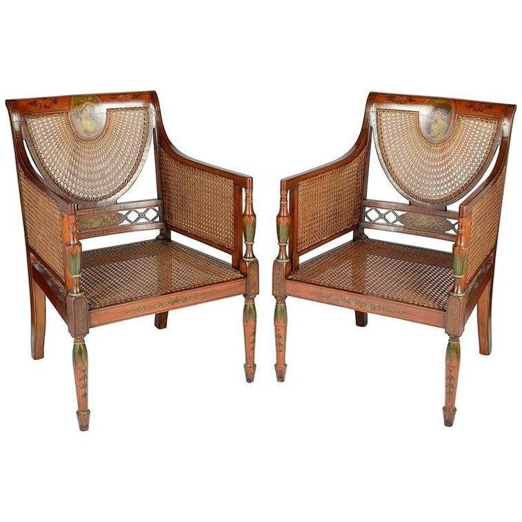 Pair of Sheraton Revival Bergere Library Chairs, Late 19th Century