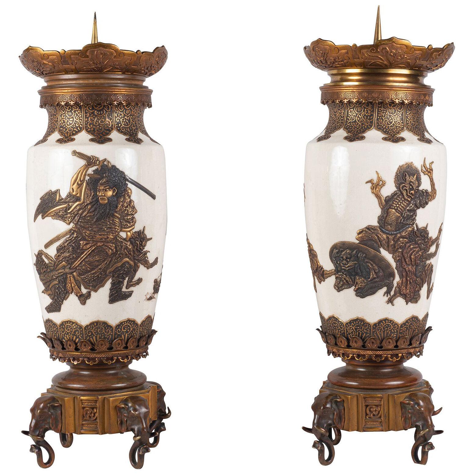 Pair Japanese Satsuma Vases / Lamps, 19th Century
