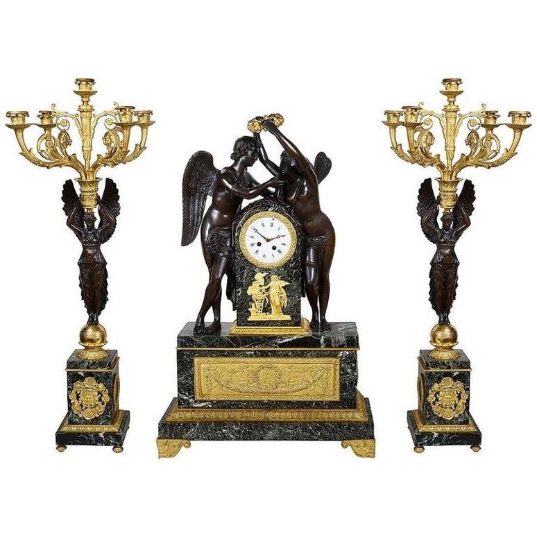 Large 19th Century French Empire Style Clock Set