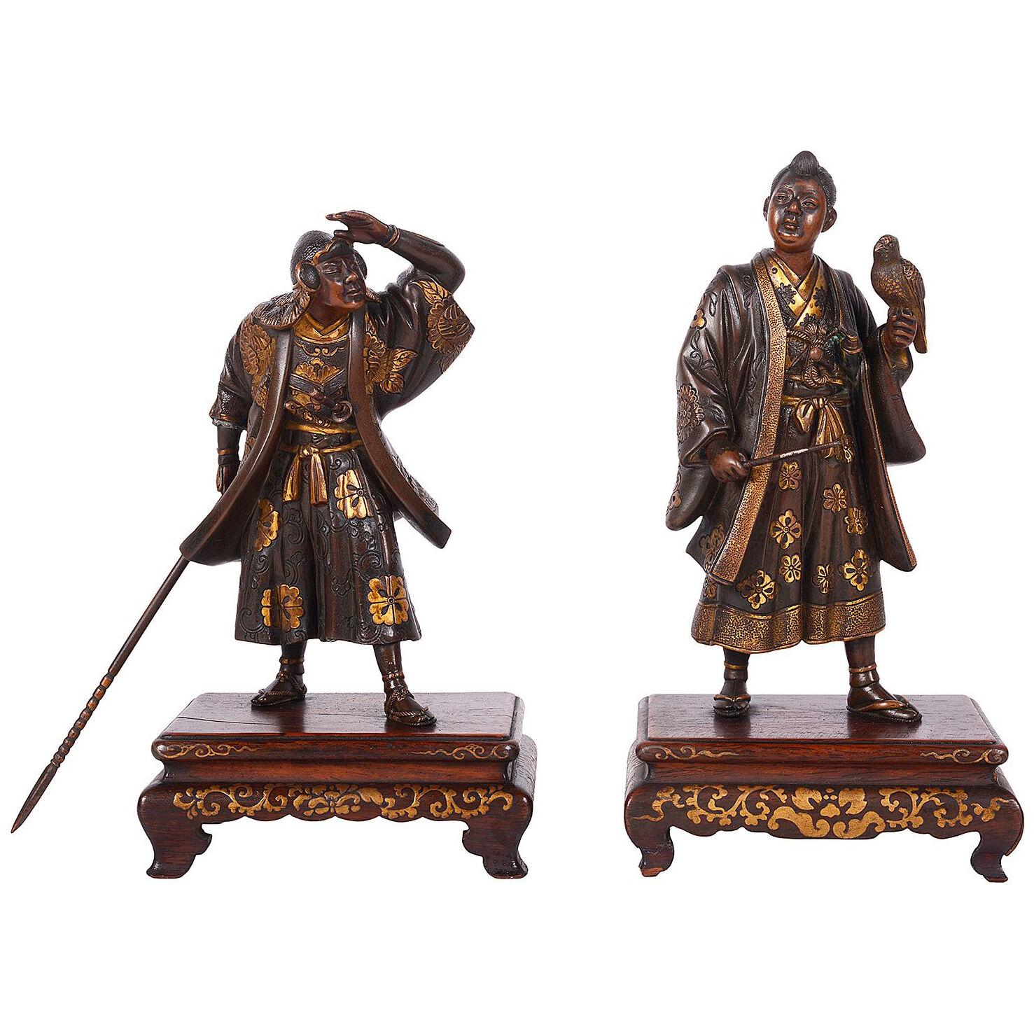 Pair of Japanese Miyao Bronze Statues, Meiji Period