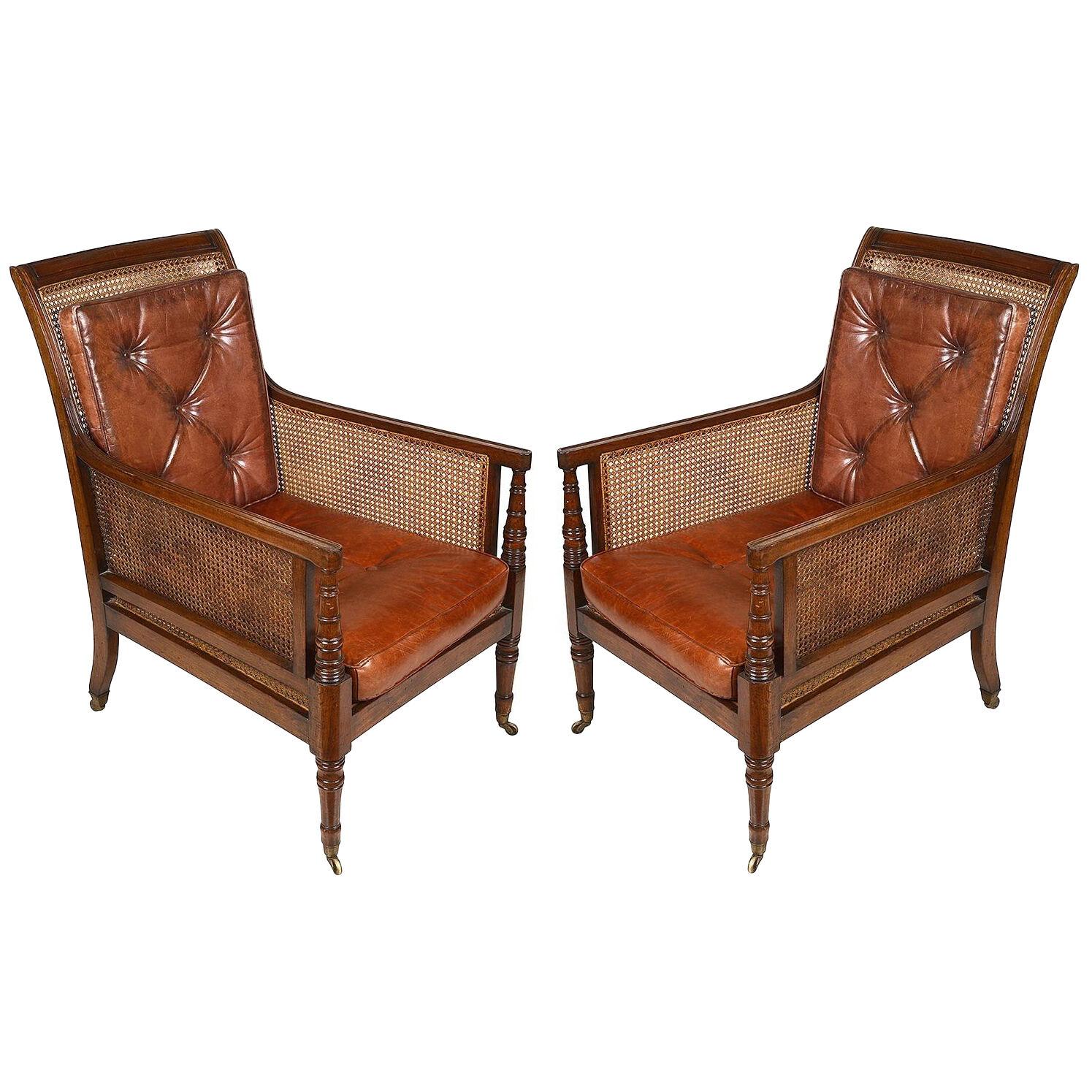 Pair Regency Mahogany Bergere Library chairs, 19th Century