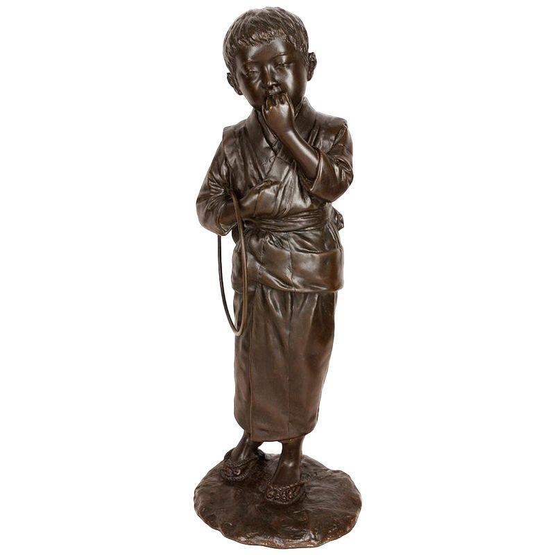 Large Japanese Meiji Period Bronze of a Young Child with a Play Hoop