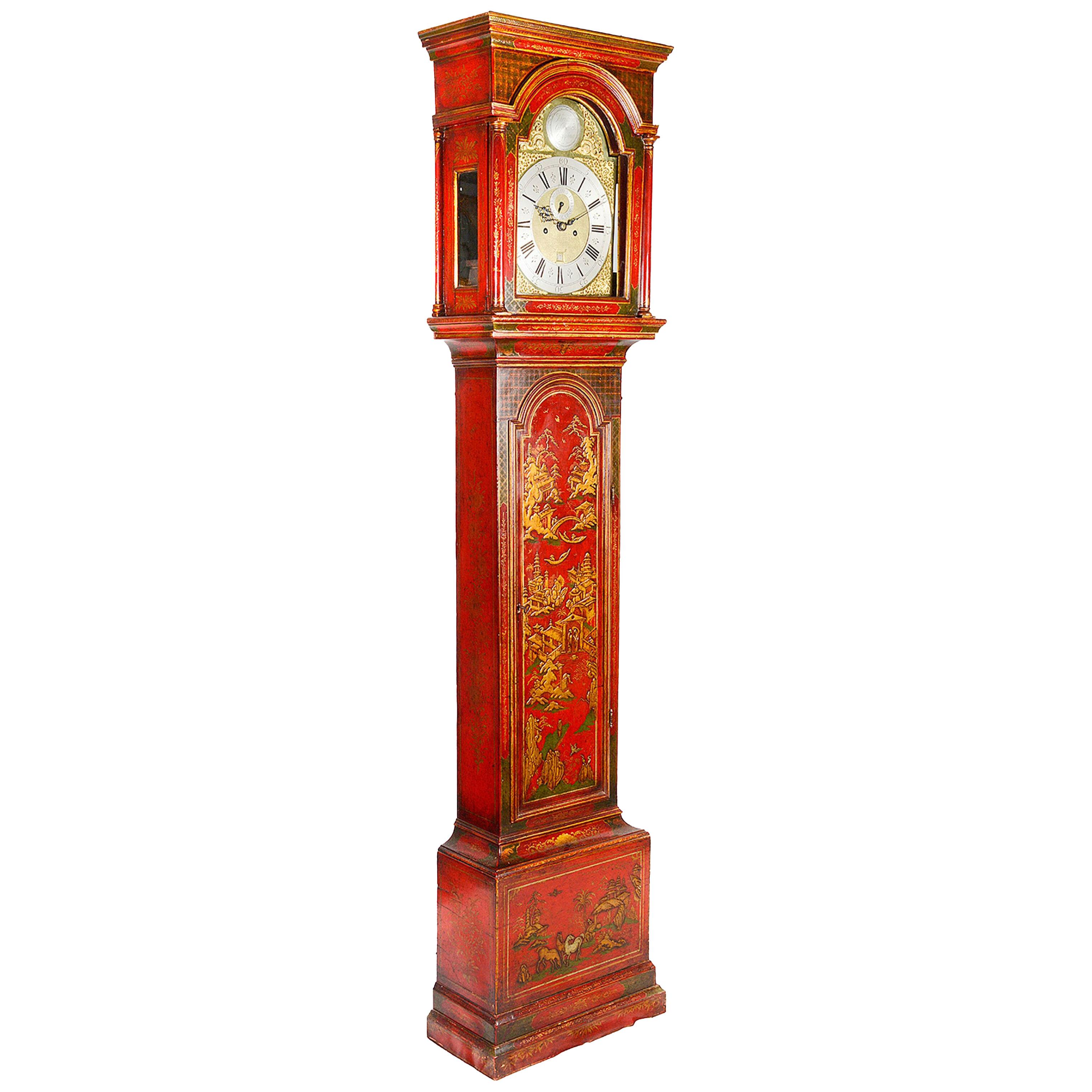 Red Lacquer Chinoiserie Longcase clock, circa 1800