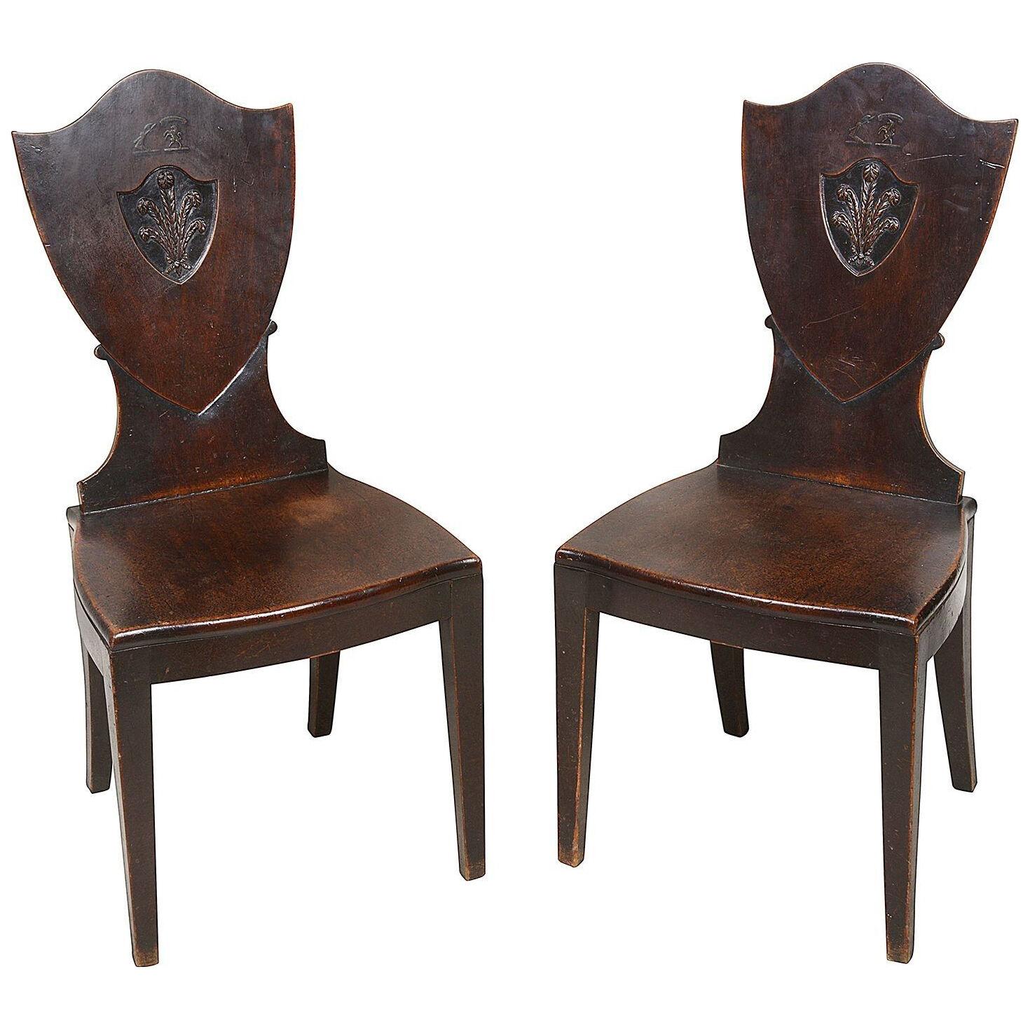 Pair 18th Century Mahogany sheild back Hall chairs with Prince of Wales feathers