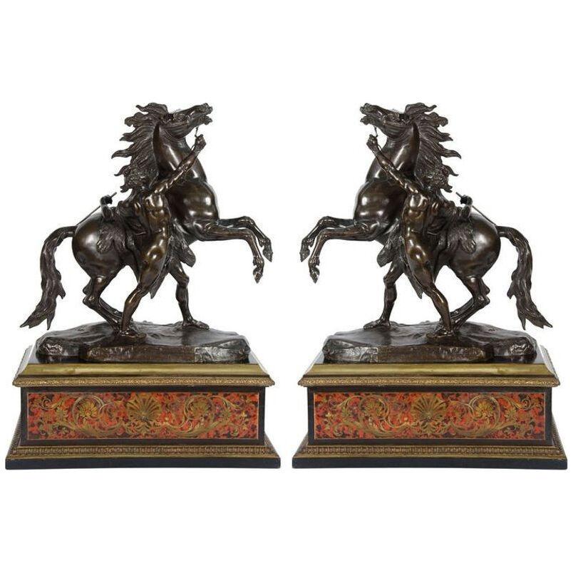 Large Pair of 19th Century Bronze Marley Horses on Boulle Stands 32"(81cm)