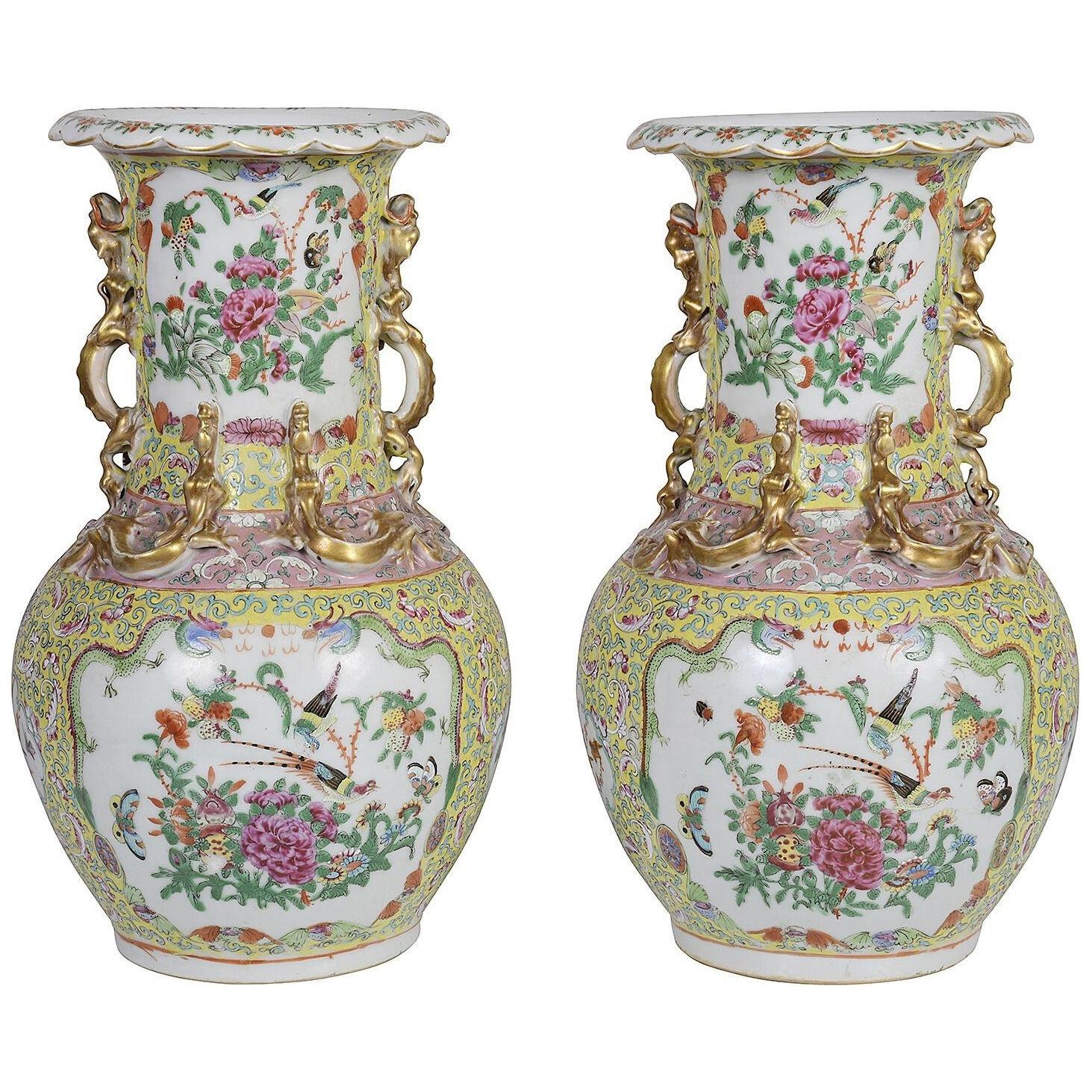 19th Century Pair Chinese Rose medallion vases / lamps
