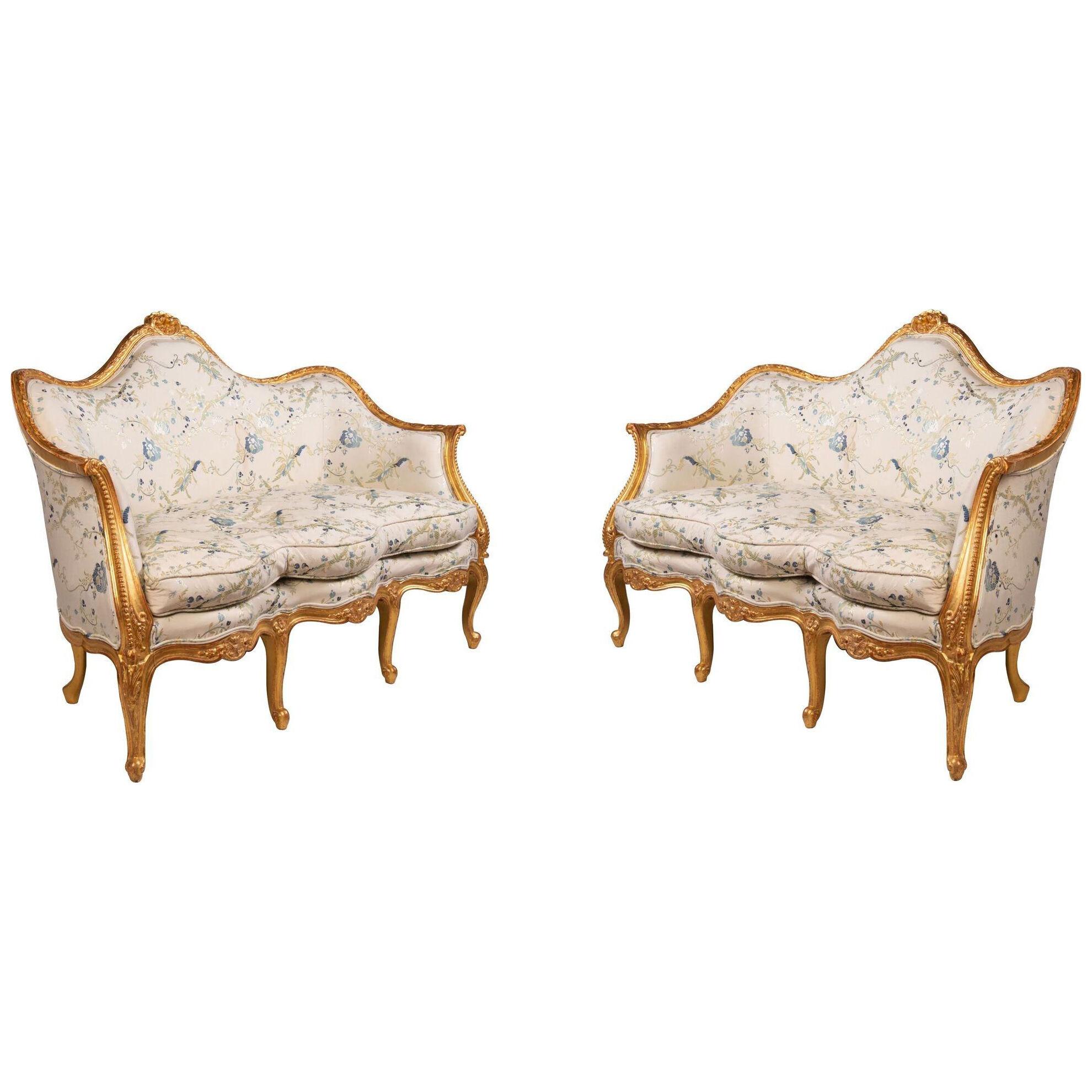Pair French Hepplewhite style giltwood sofas, circa 1860