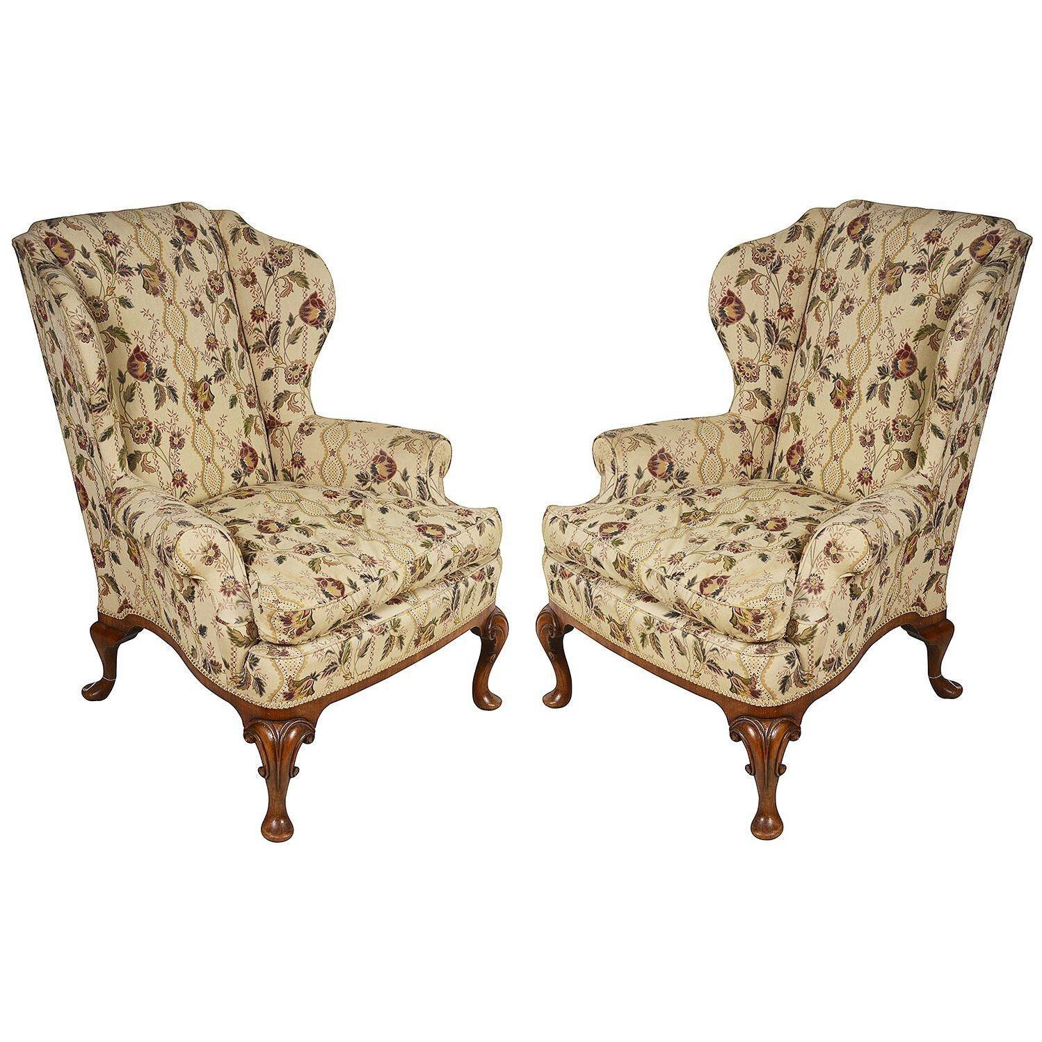 Pair Queen Anne style Walnut wing arm chairs, circa 1920
