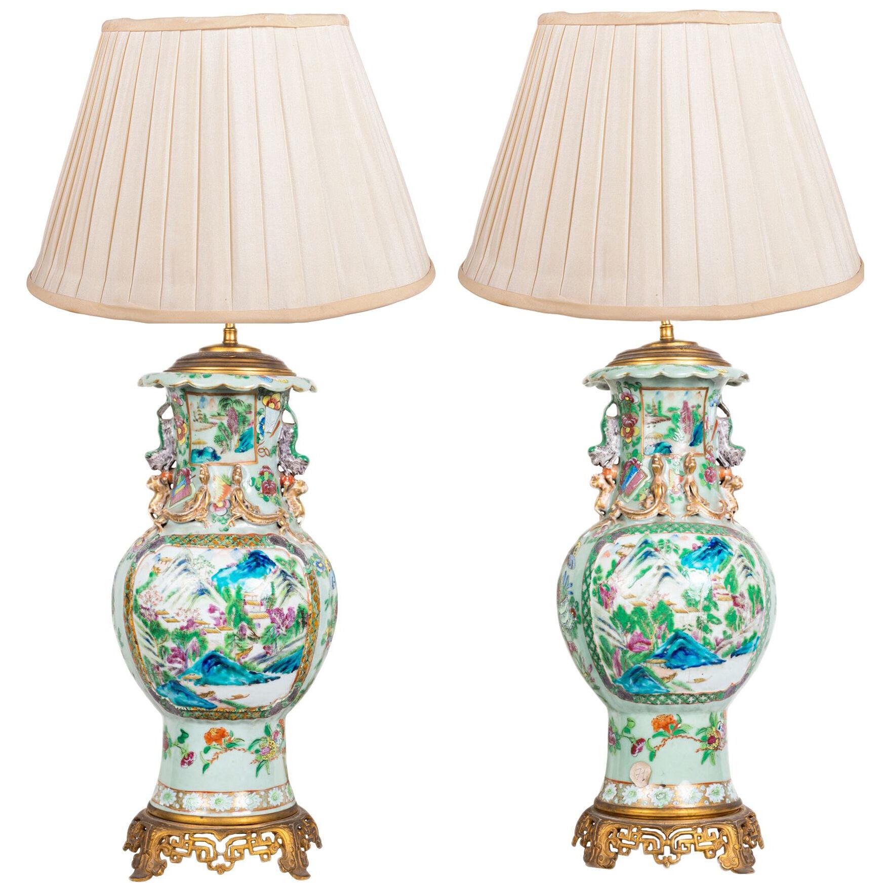 Pair 19th Rose Medallion Ormolu Mounted Vases / Lamps