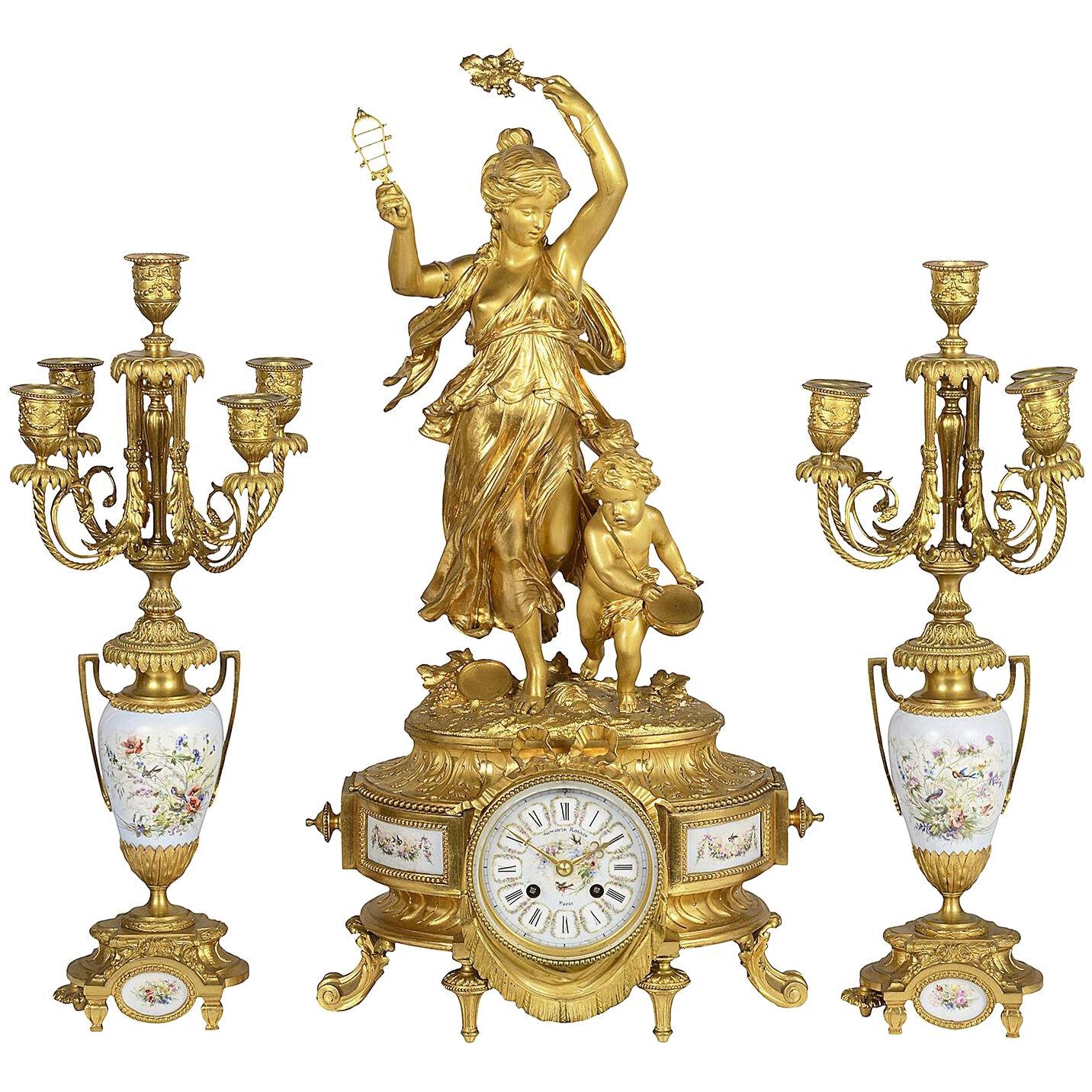 Louis XVI style mantel clock set, 19th Century, by Rollin, Paris