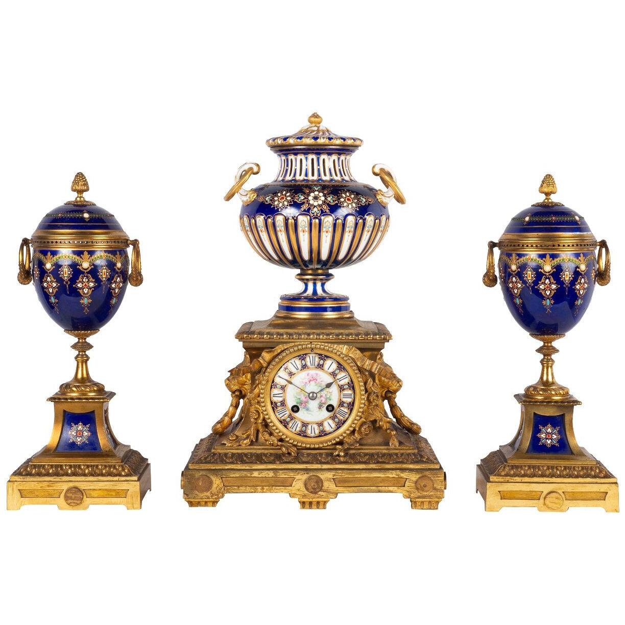 19th Century French Sevres, Louis XVI style clock set