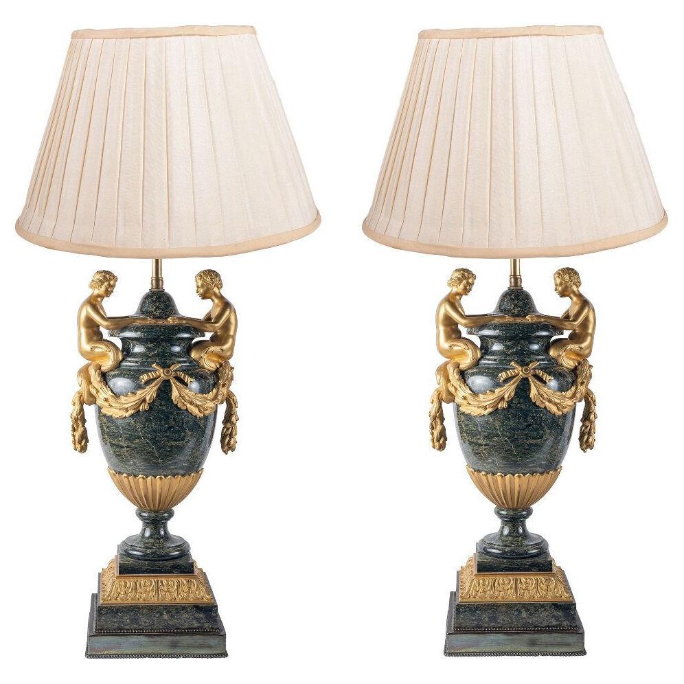 Pair Louis XVI Style Neo-Classical Marble Lamps