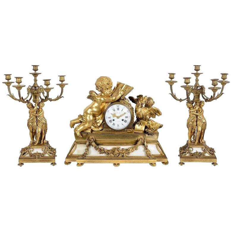 Large Louis XVI Style Ormolu and Marble Clock Set