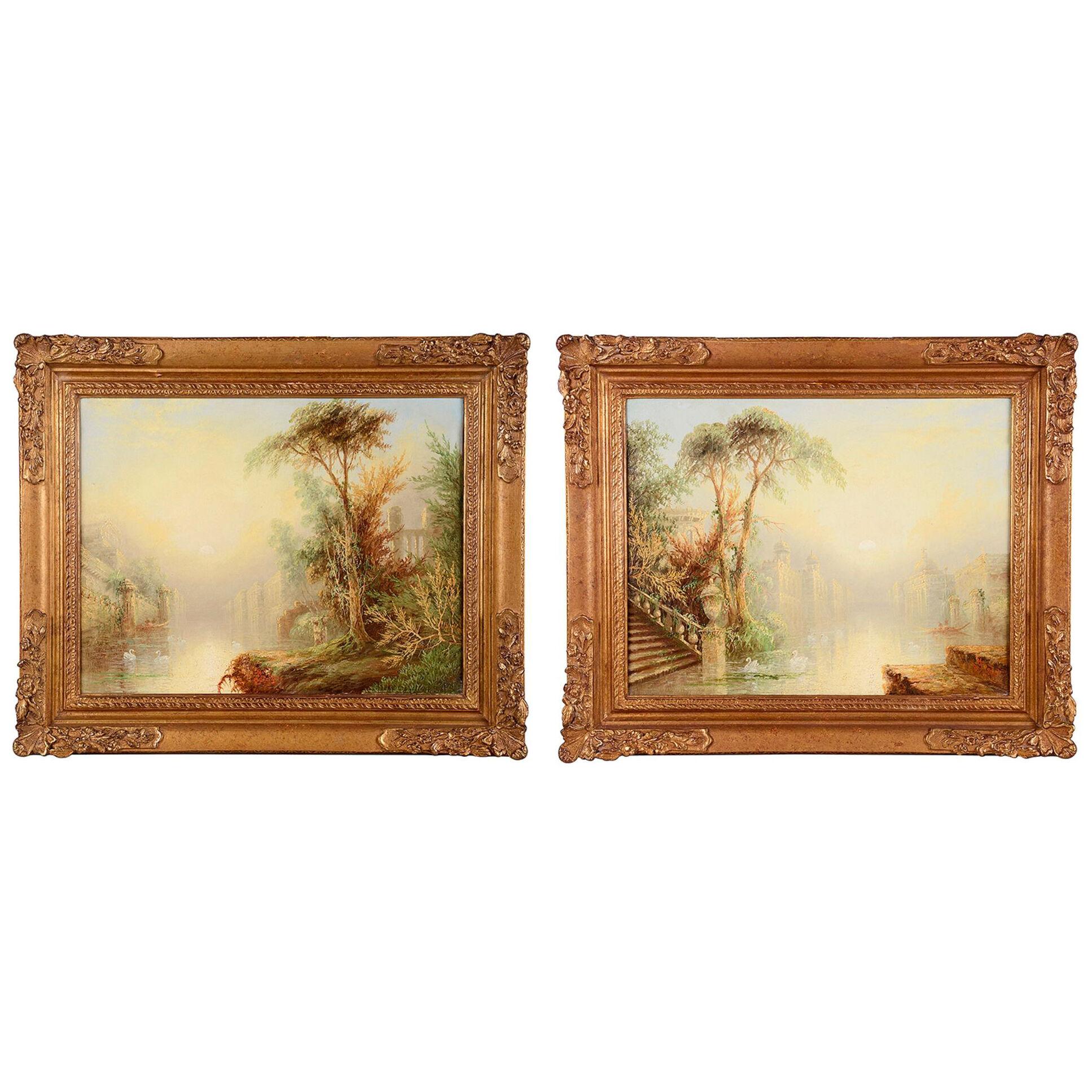 Pair of 19th Century oil on canvas Capriccios paintings of Venice, by James Salt