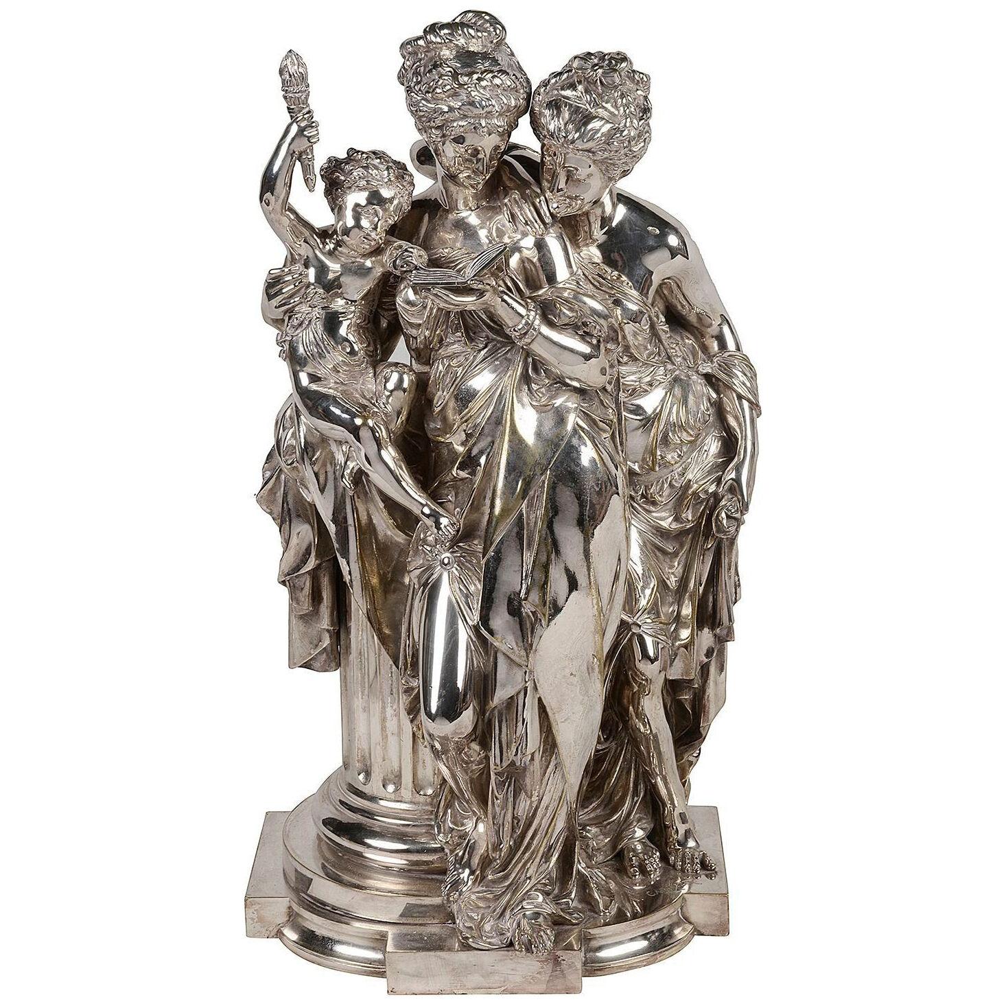 A silvered-bronze group 'The Reading' Carrier-Belleuse, 19th century