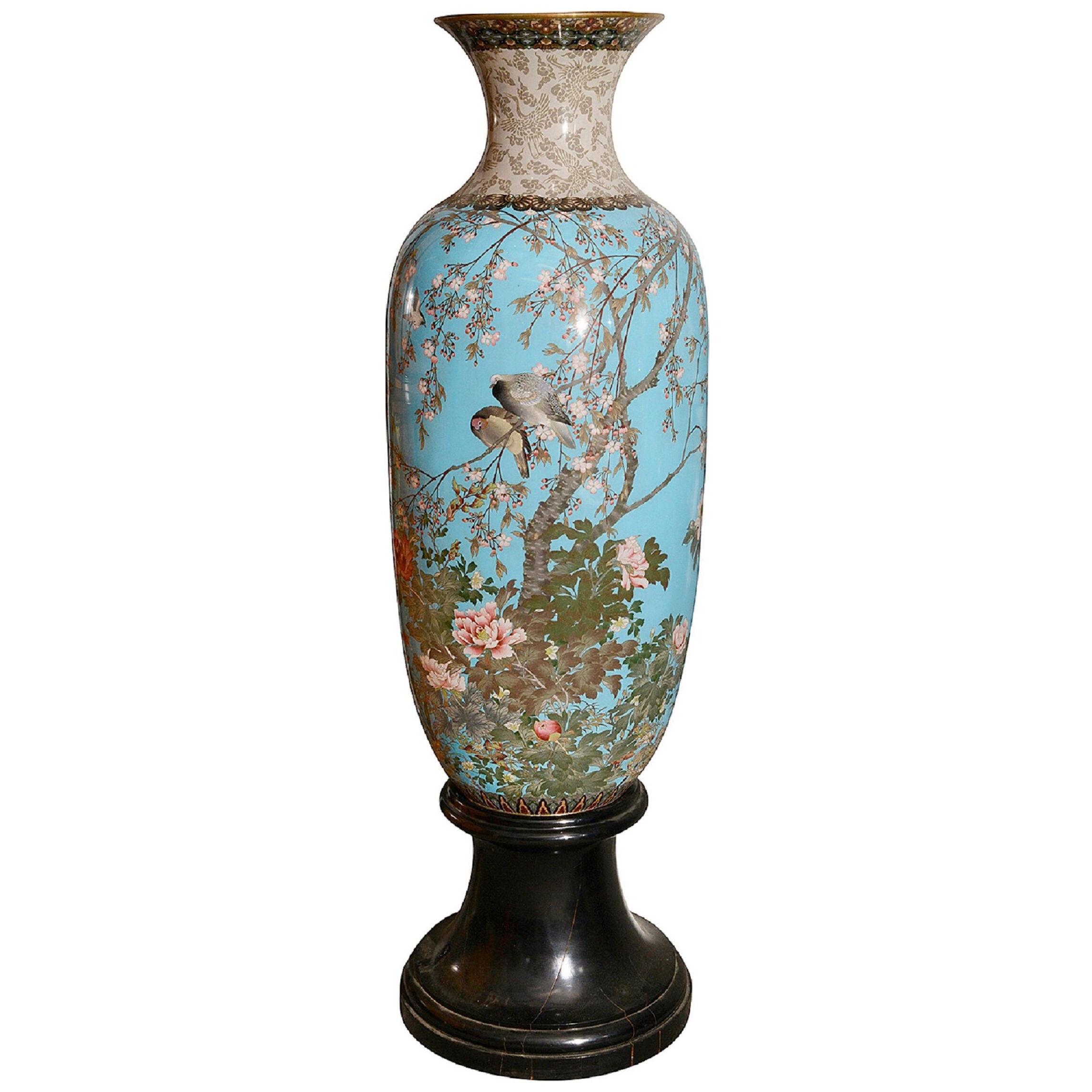 A large, fine Meiji period Japanese Cloisonne vase on stand.