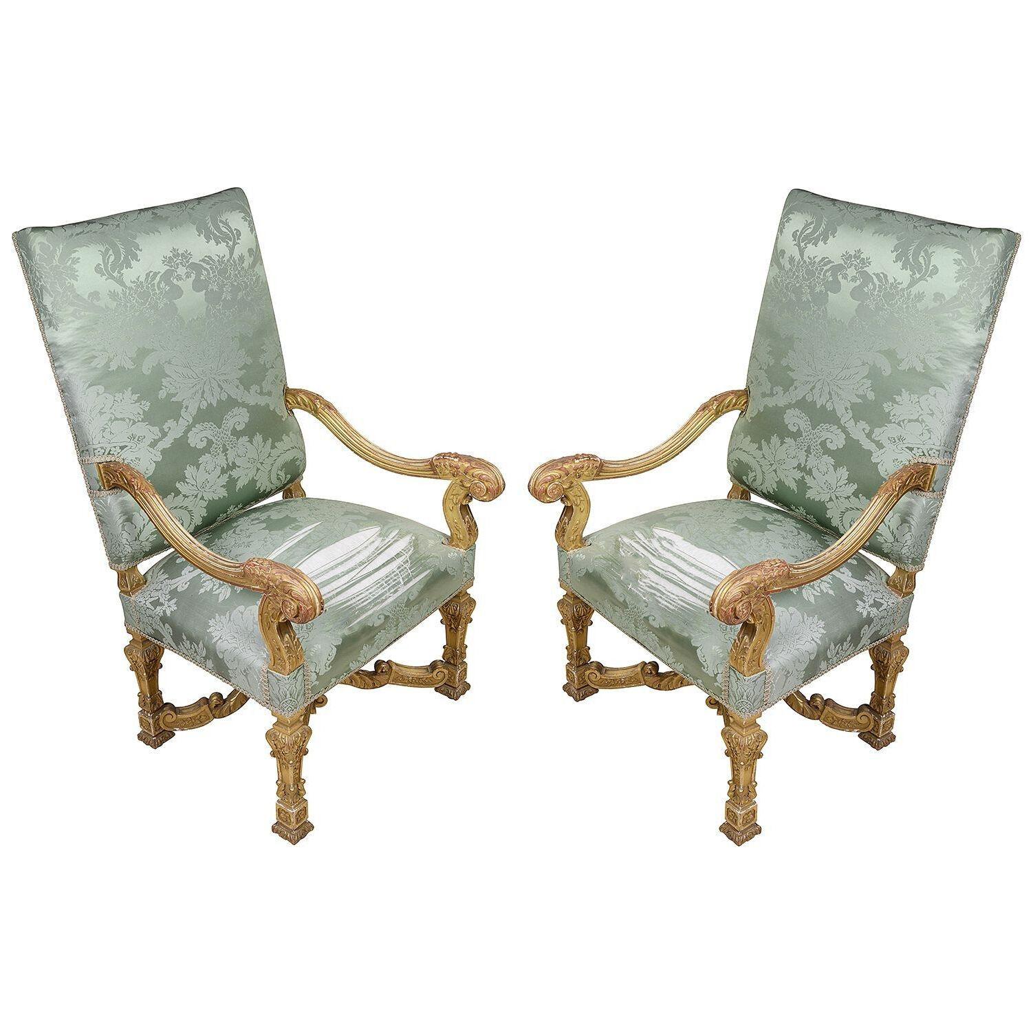 Fine quality William and Mary style giltwood arm chairs, C19th Century