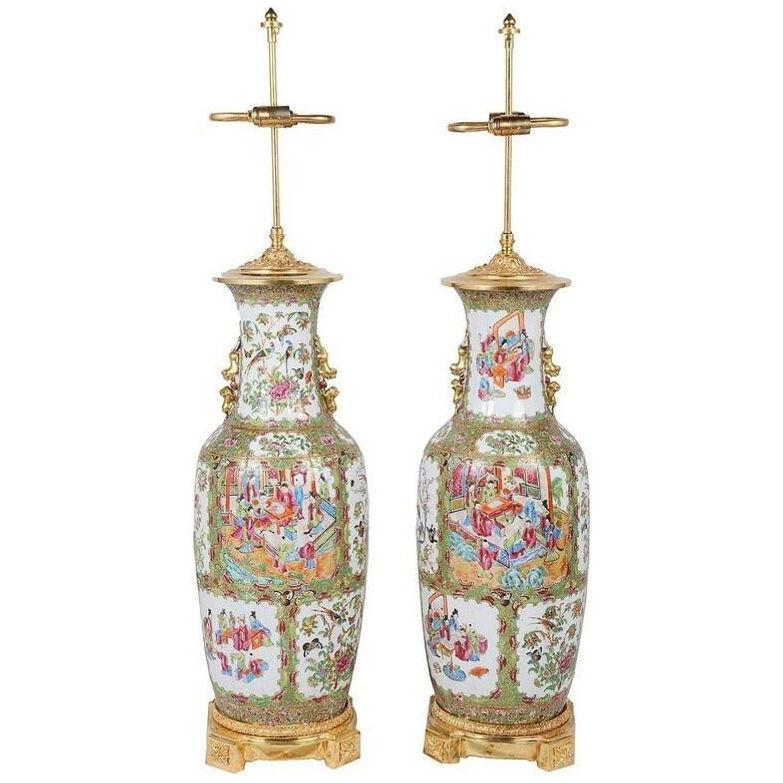 Large Pair of Canton / Rose Medalion Chinese Vases / Lamps, 19th Century