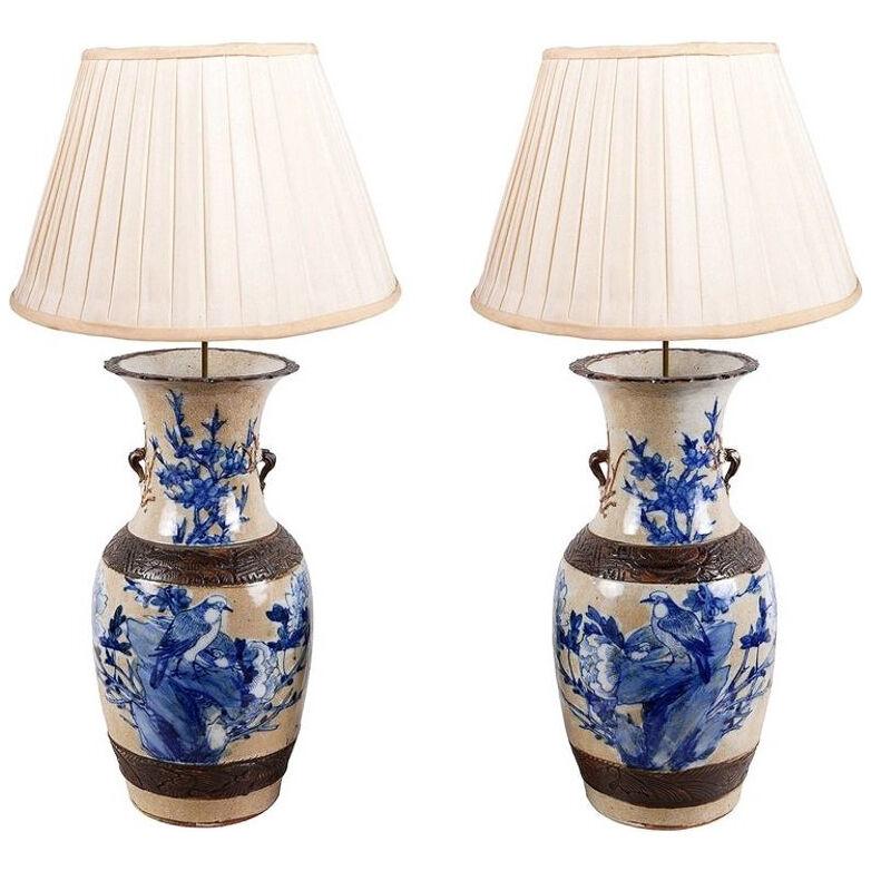 Pair of Chinese 19th Century Blue and White Crackleware Vases / Lamps