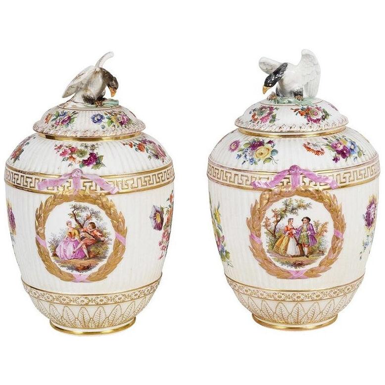 Pair 19th Century Berlin Lidded Vases