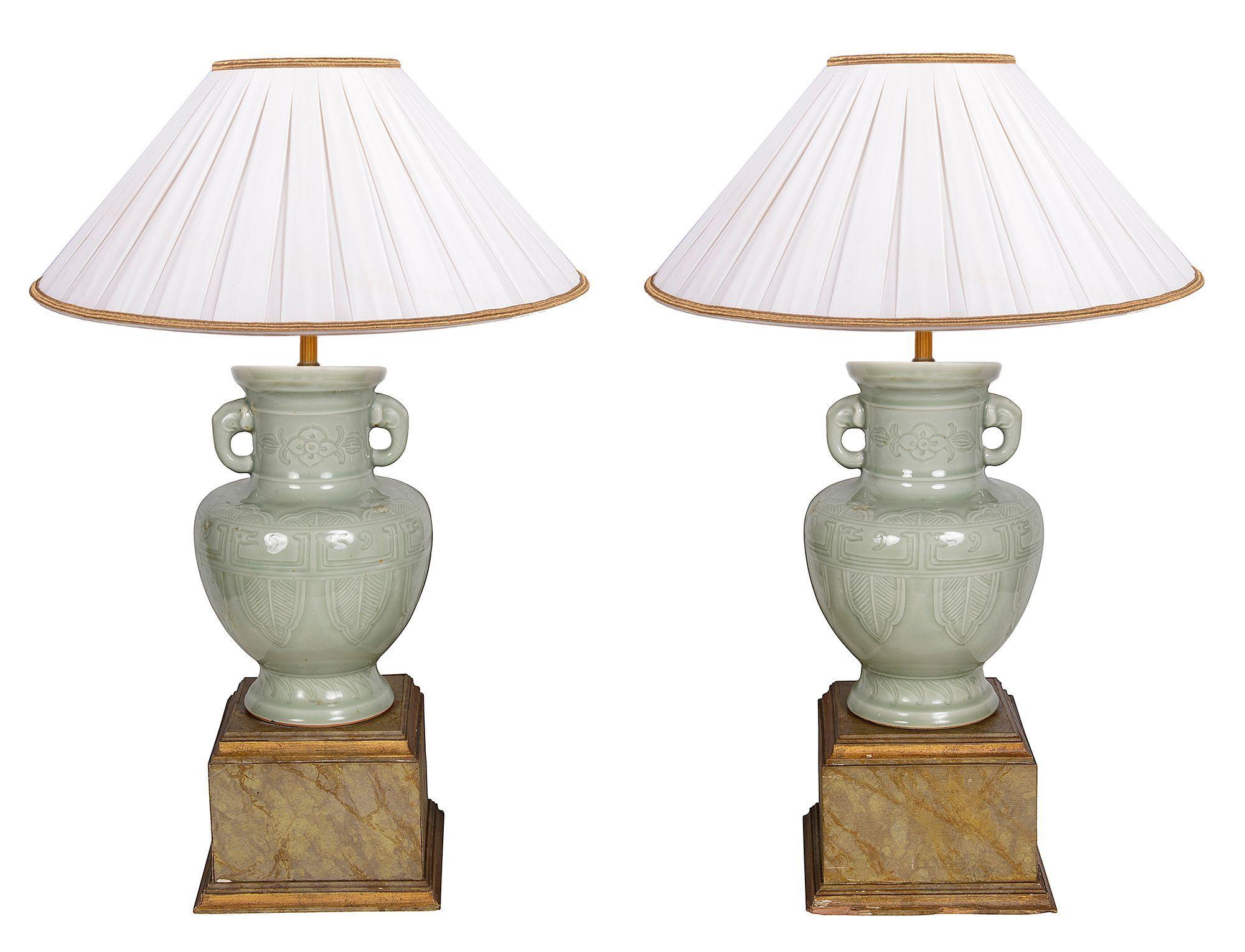 Pair Chinese Celadon Porcelain Vases / Lamps, circa 1900