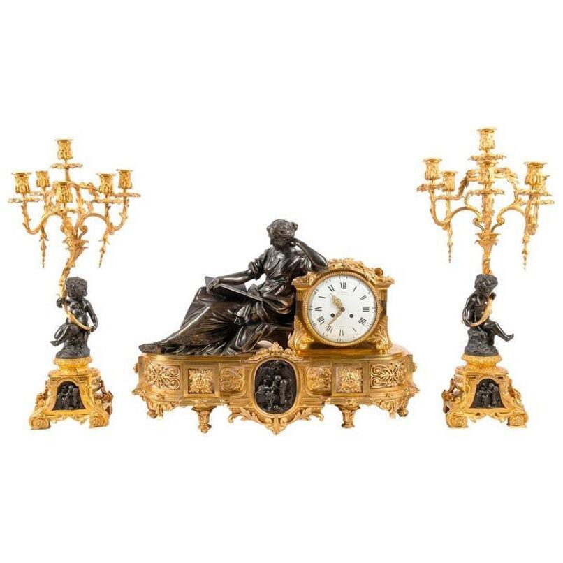 Large 19th Century Gilded Ormolu and Bronze Clock Set, by Deniere, Paris